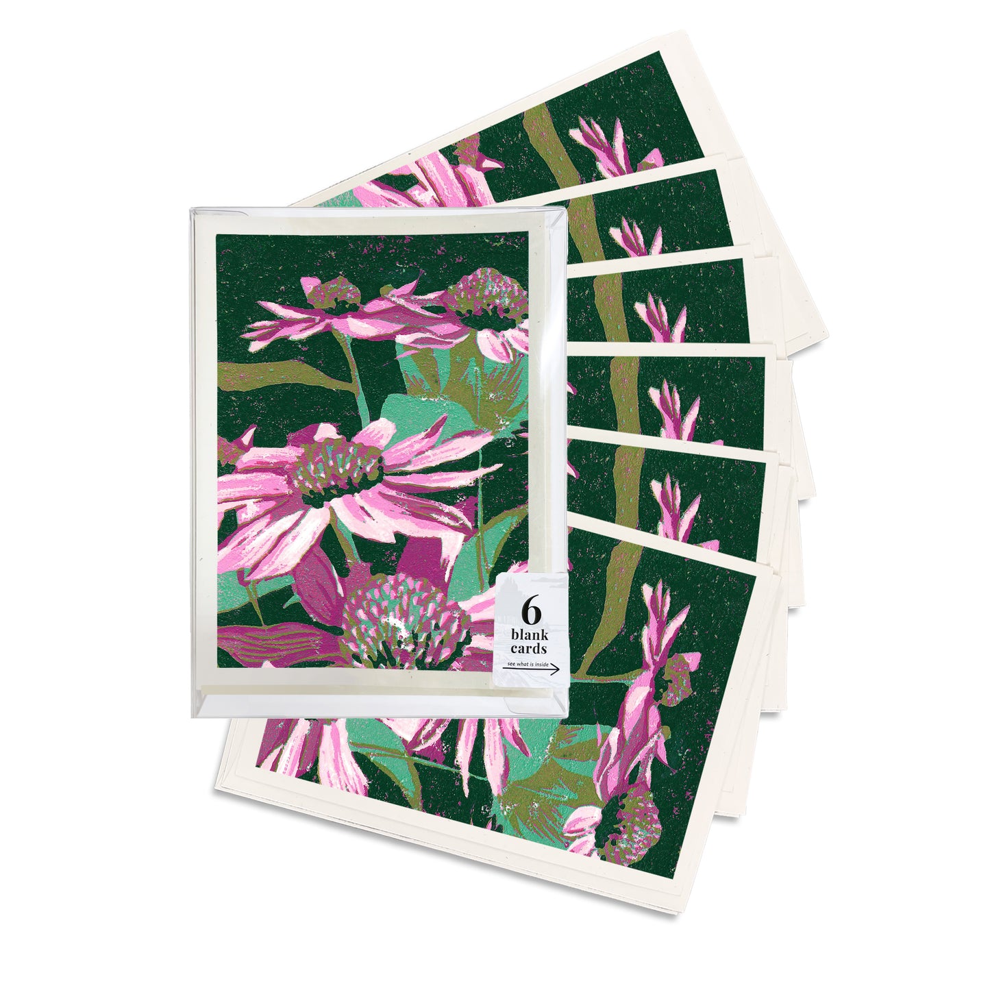 A boxed set of six casually elegant cards featuring floral art by Natalia Wohletz titled Echinacea.