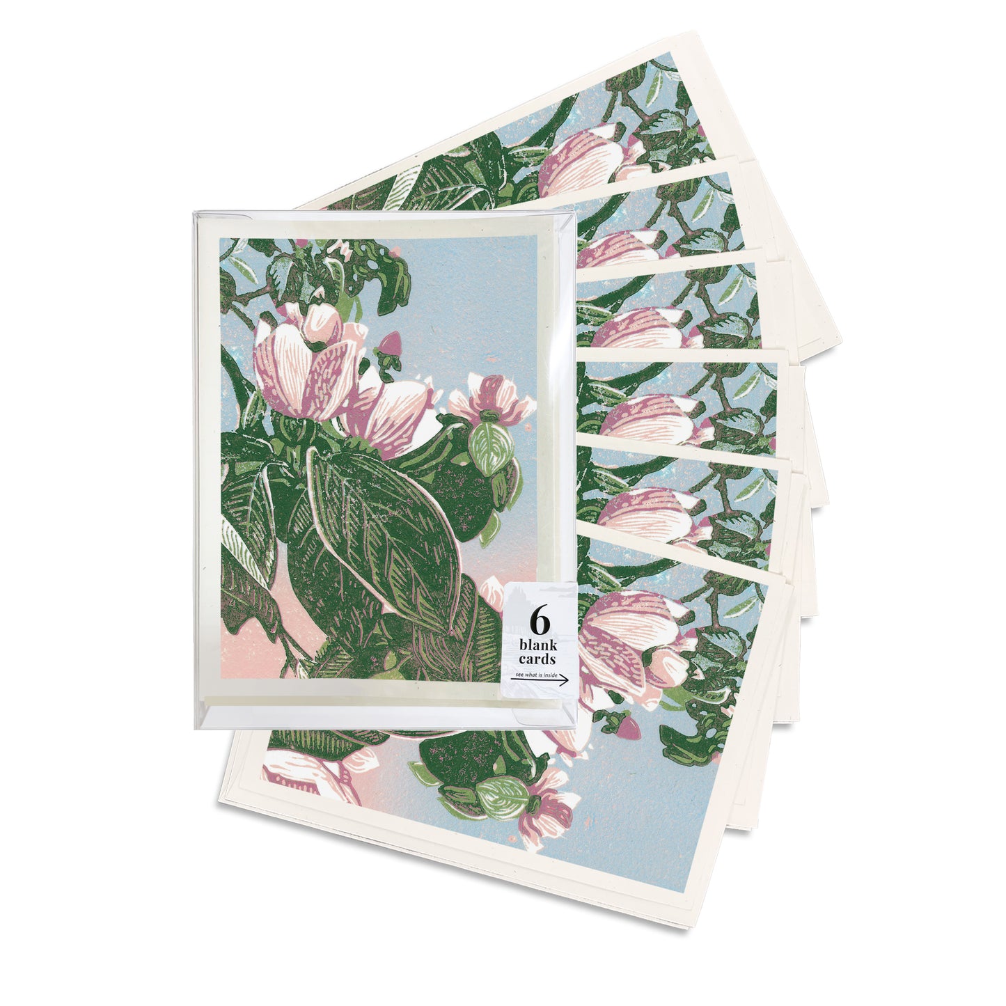 A boxed set of six casually elegant En El Jardin greeting cards by Natalia Wohletz of Peninsula Prints.