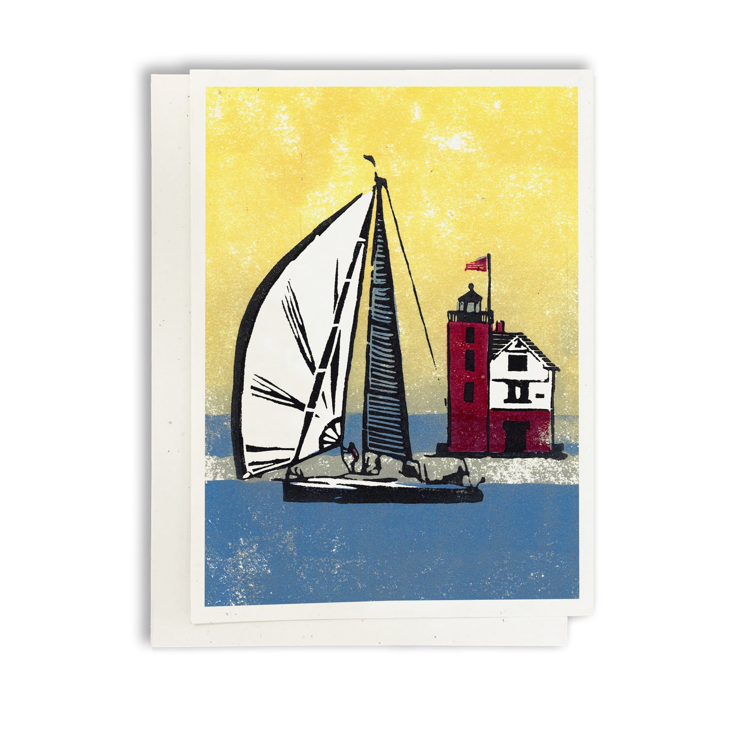 Foggy Finish. A casually elegant card featuring a digital reproduction of a block print design with the same title by Natalia Wohletz of Milford and Mackinac Island, Michigan.