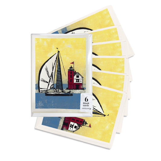 Foggy Finish. A box set of six casually elegant cards featuring a digital reproduction of a block print design with the same title by Natalia Wohletz of Milford and Mackinac Island, Michigan.