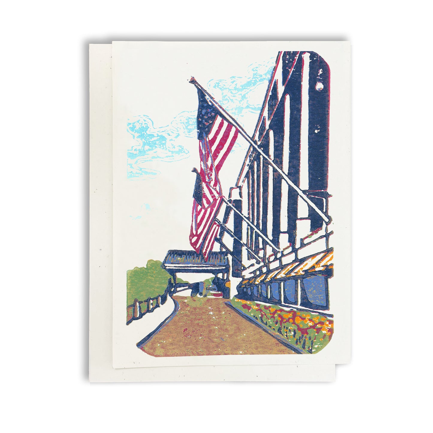 Grand Flags. A casually elegant card featuring a digital reproduction of a block print design with the same title by Natalia Wohletz of Milford and Mackinac Island, Michigan.