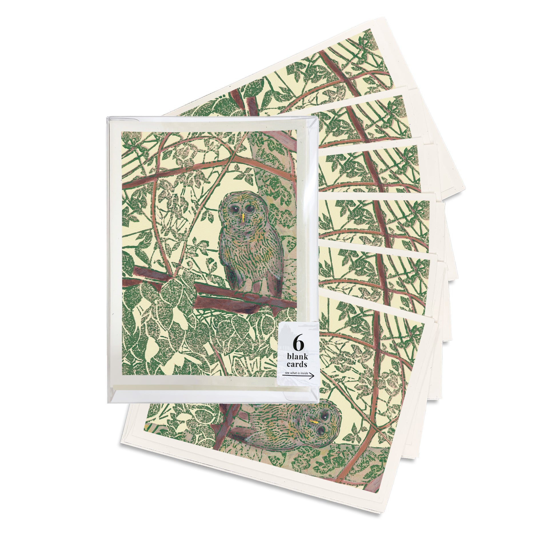 A box set of six casually elegant cards featuring digital reproductions of the Hidden Owl block print, created by Natalia Wohletz of Peninsula Prints.