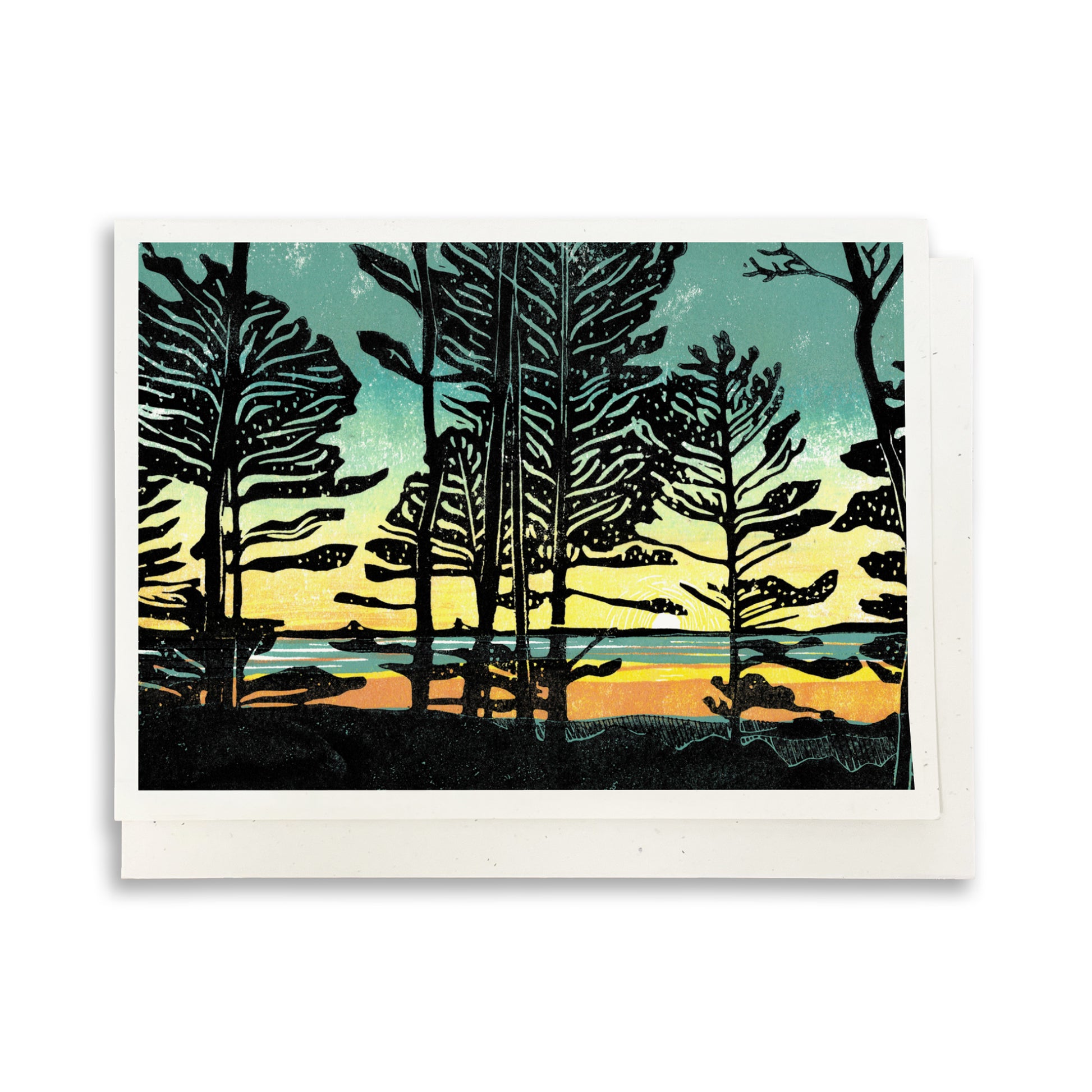 Home. A casually elegant card featuring a digital reproduction of a block print design with the same title by Natalia Wohletz of Peninsula Prints, Milford and Mackinac Island, Michigan.
