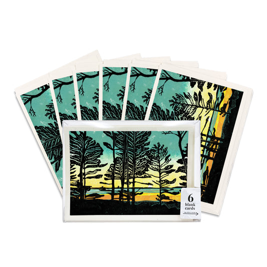 Home. A boxed set of six casually elegant cards featuring a digital reproduction of a block print design with the same title by Natalia Wohletz of Peninsula Prints, Milford and Mackinac Island, Michigan.