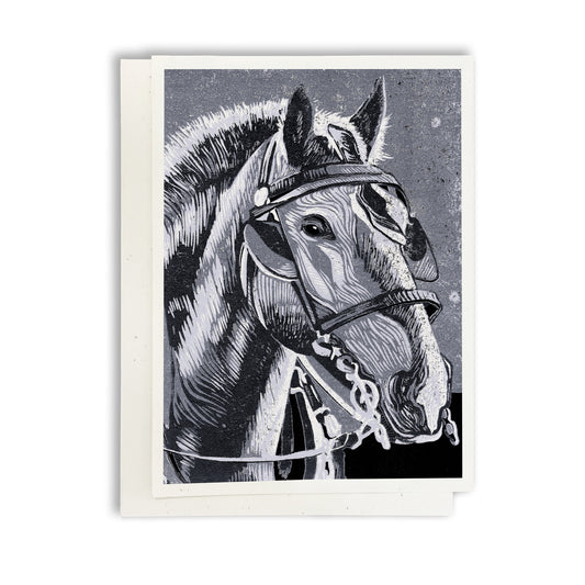 Horse in Monochrome. A casually elegant card featuring a digital reproduction of a block print design with the same title by Natalia Wohletz of Peninsula Prints, Milford and Mackinac Island, Michigan.