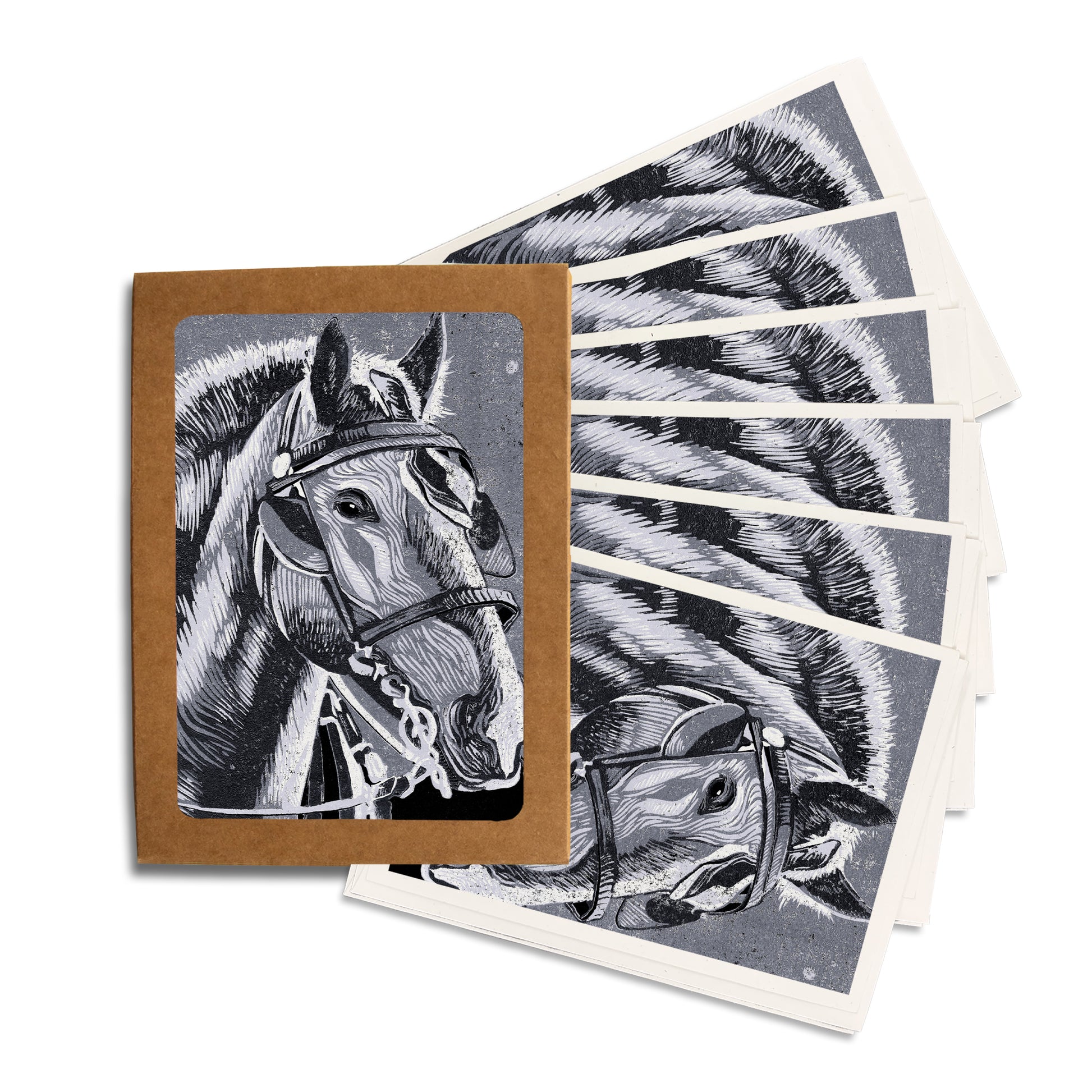 Horse in Monochrome. A casually elegant card featuring a digital reproduction of a block print design with the same title by Natalia Wohletz of Peninsula Prints, Milford and Mackinac Island, Michigan.