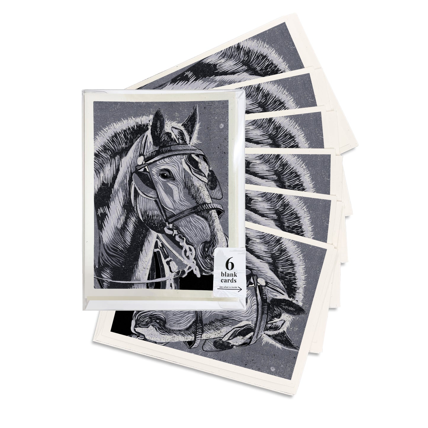 Horse in Monochrome. A boxed set of six casually elegant cards featuring a digital reproduction of a block print design with the same title by Natalia Wohletz of Peninsula Prints, Milford and Mackinac Island, Michigan.