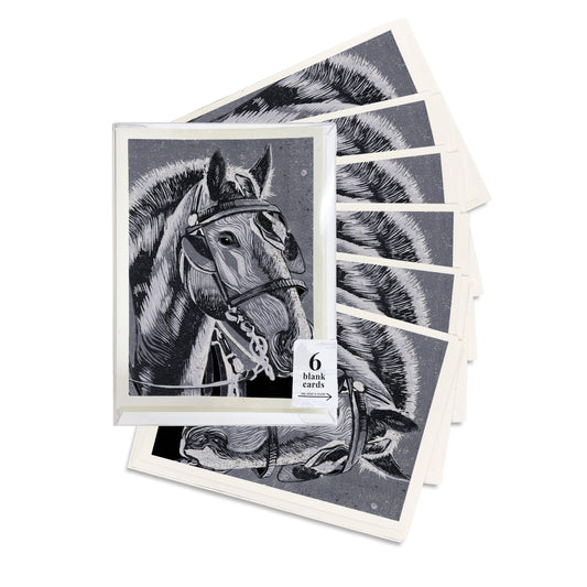 Horse in Monochrome. A boxed set of six casually elegant cards featuring a digital reproduction of a block print design with the same title by Natalia Wohletz of Peninsula Prints, Milford and Mackinac Island, Michigan.