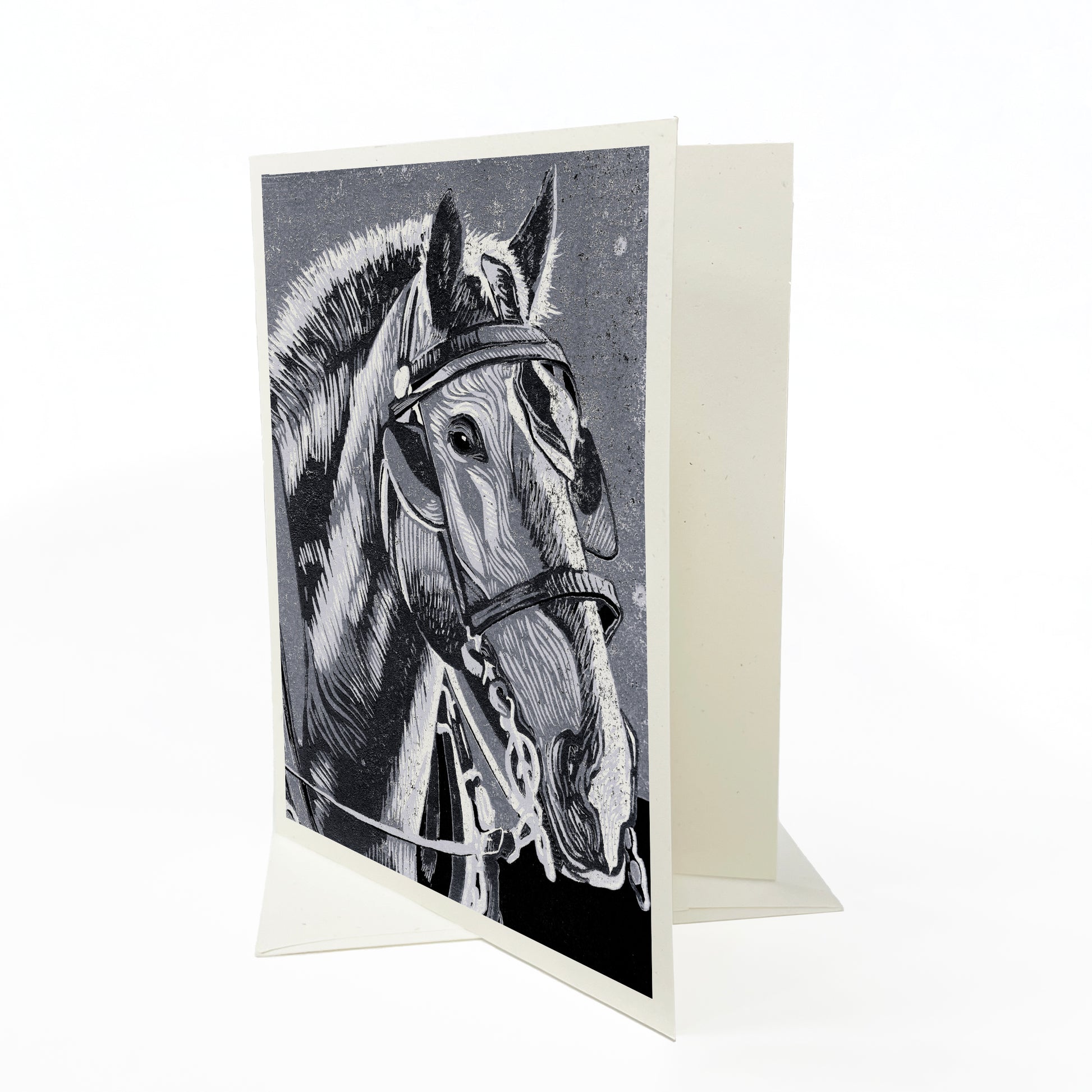 Horse in Monochrome. A casually elegant card featuring a digital reproduction of a block print design with the same title by Natalia Wohletz of Peninsula Prints, Milford and Mackinac Island, Michigan.