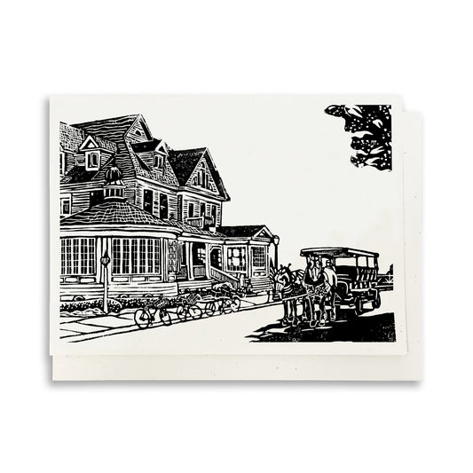 Hotel Iroquois. A casually elegant card featuring a digital reproduction of a block print design with the same title by Natalia Wohletz of Peninsula Prints, Milford and Mackinac Island, Michigan.