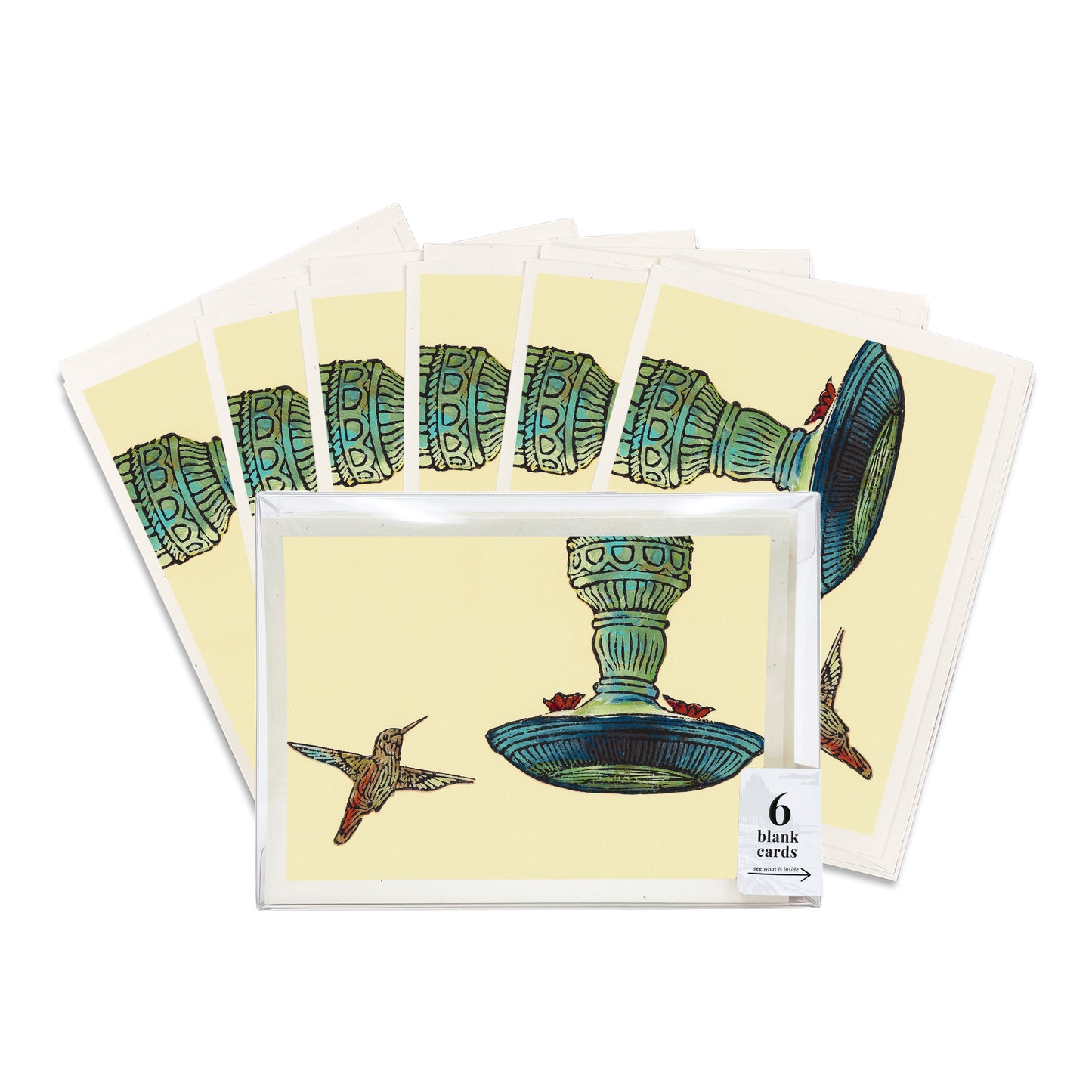 Hummingbird & Feeder.  A box set of six casually elegant cards featuring a digital reproduction of a block print design with the same title by Natalia Wohletz of Peninsula Prints, Milford and Mackinac Island, Michigan.