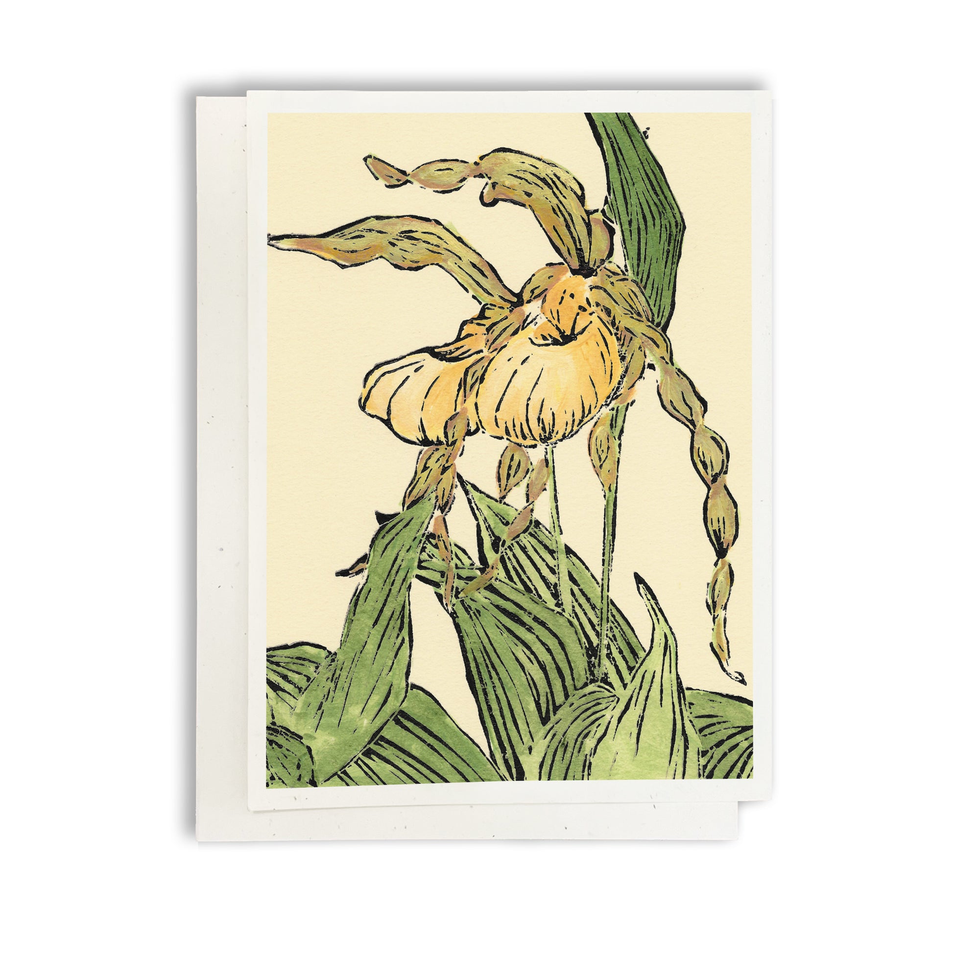 Lady Slipper Pair #2. A casually elegant botanical card featuring a digital reproduction of a block print design with the same title by Natalia Wohletz of Peninsula Prints, Milford and Mackinac Island, Michigan.