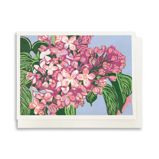 Blank greeting card featuring the block print "Lilacs" by Natalia Wohletz of Peninsula Prints.