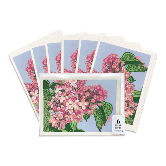Blank greeting cards featuring the block print "Lilacs" by Natalia Wohletz of Peninsula Prints. Set of six.