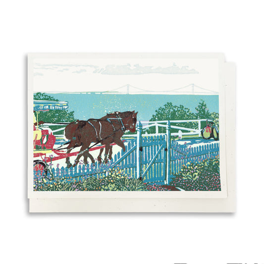 Mackinac Garden Gate.  A casually elegant Mackinac Island card featuring a digital reproduction of a block print design with the same title by Natalia Wohletz of Peninsula Prints, Milford and Mackinac Island, Michigan.