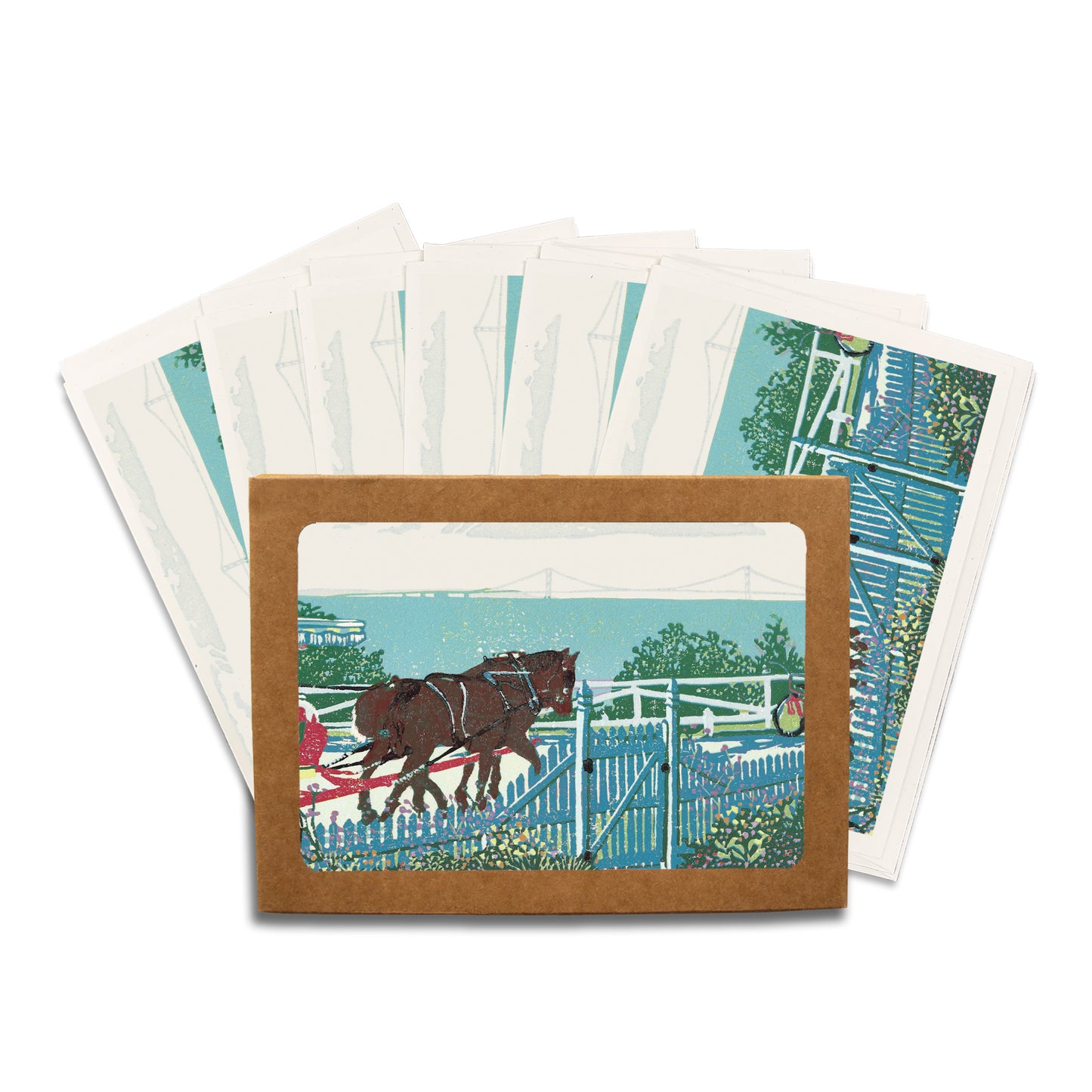 Mackinac Garden Gate.  A casually elegant Mackinac Island card featuring a digital reproduction of a block print design with the same title by Natalia Wohletz of Peninsula Prints, Milford and Mackinac Island, Michigan.