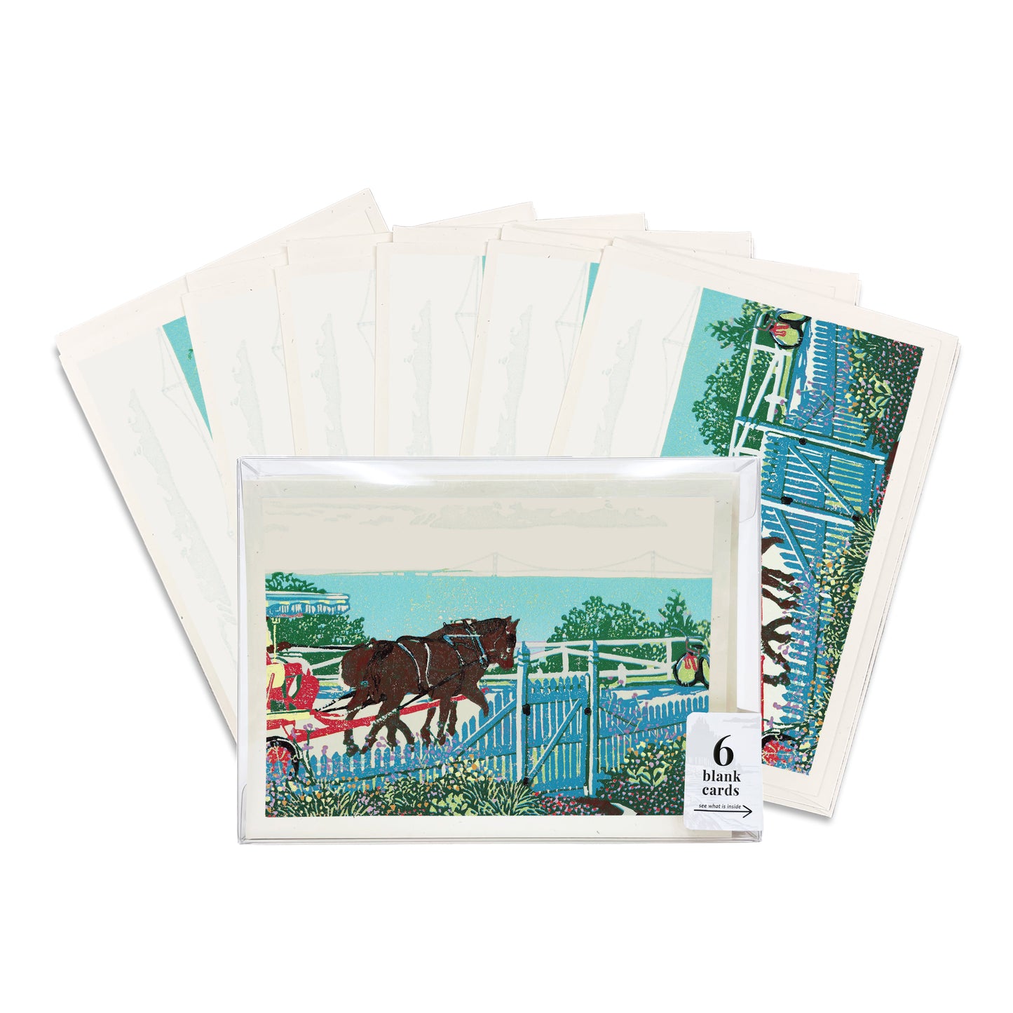 Mackinac Garden Gate.  A boxed set of six casually elegant Mackinac Island cards featuring a digital reproduction of a block print design with the same title by Natalia Wohletz of Peninsula Prints, Milford and Mackinac Island, Michigan.