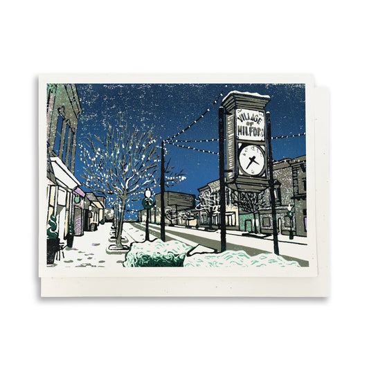 Milford Lights. A casually elegant Christmas card featuring a digital reproduction of a block print design with the same title by Natalia Wohletz of Peninsula Prints, Milford and Mackinac Island, Michigan.
