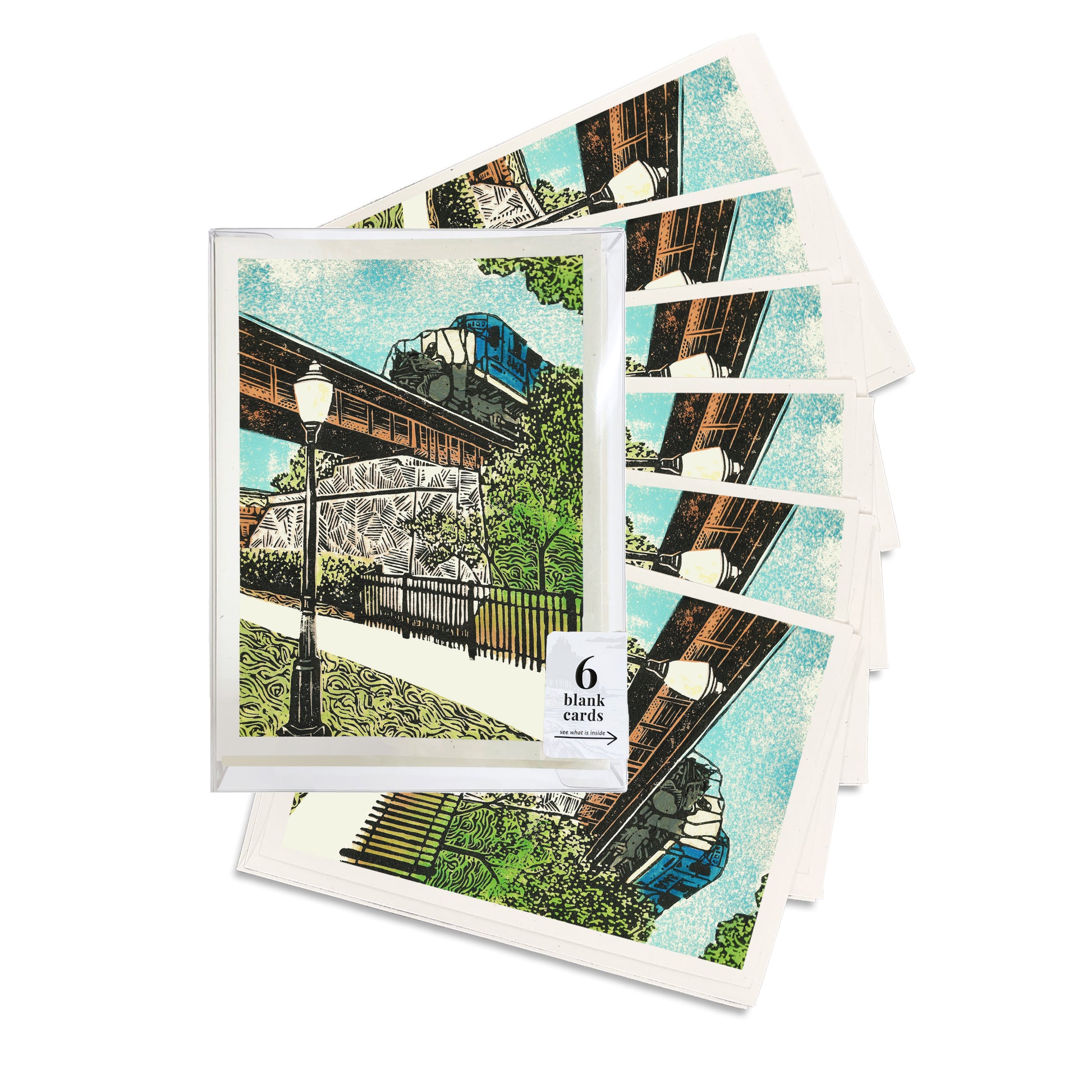 Milford Train Blank Greeting Card. A boxed set of six casually elegant cards featuring Milford, Michigan, art by Natalia Wohletz of Peninsula Prints.