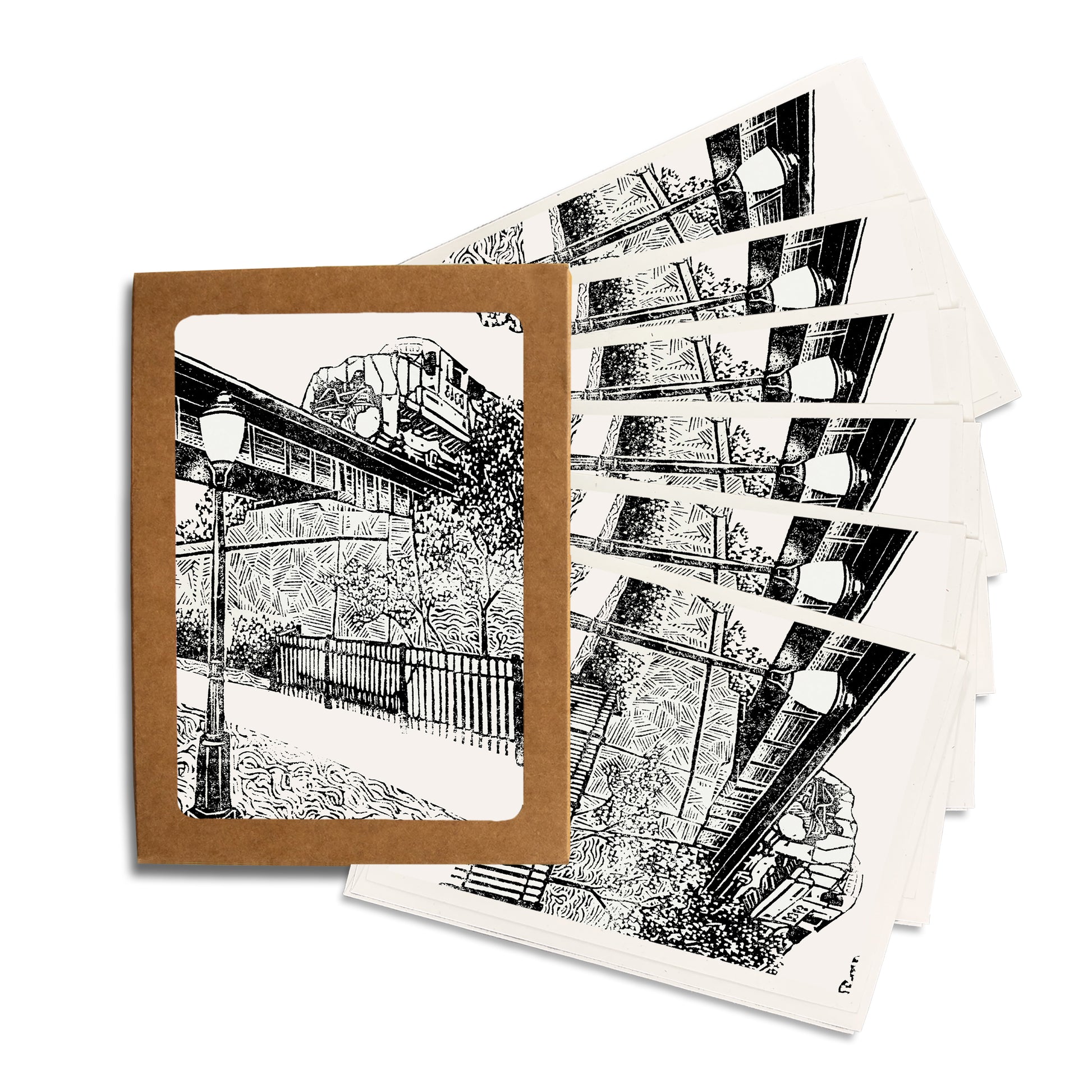 Milford Train. A casually elegant set of cards featuring a digital reproduction of a block print design with the same title by Natalia Wohletz of Peninsula Prints, Milford and Mackinac Island, Michigan.