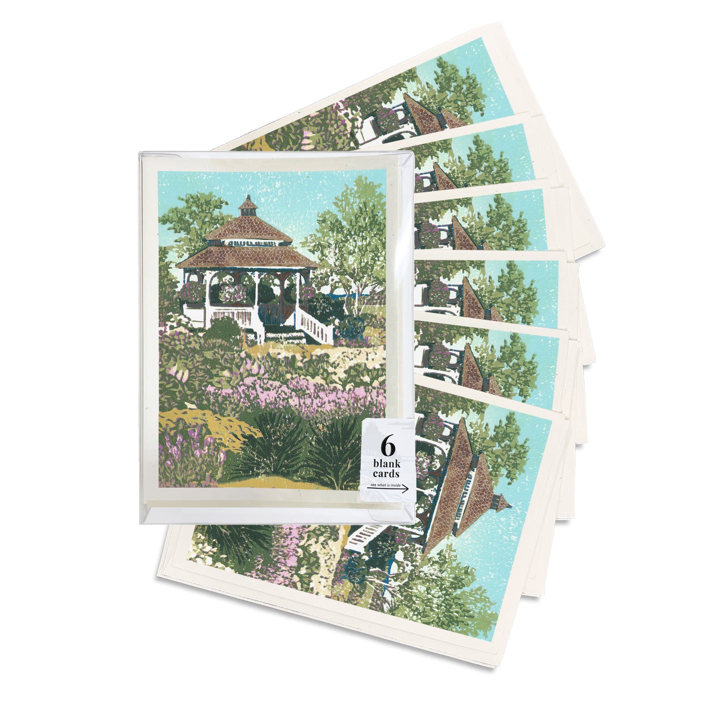 Mission Point Gazebo.  A boxed set of six casually elegant cards featuring a digital reproduction of Natalia Wohletz’s Peninsula Prints block print design with the same title.