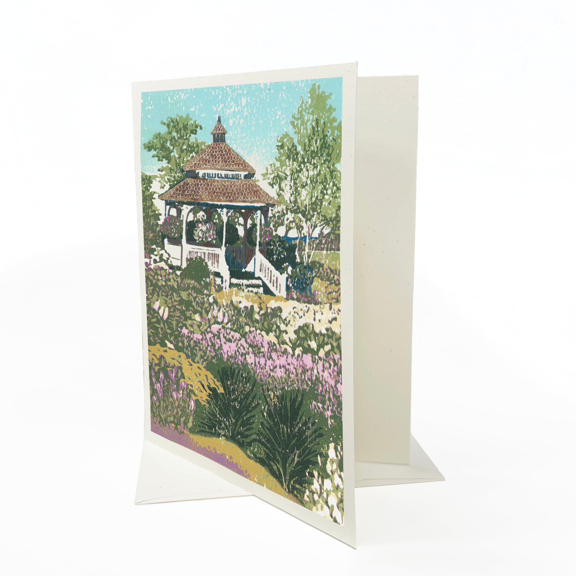 Mission Point Gazebo.  A casually elegant card featuring a digital reproduction of Natalia Wohletz’s Peninsula Prints block print design with the same title.
