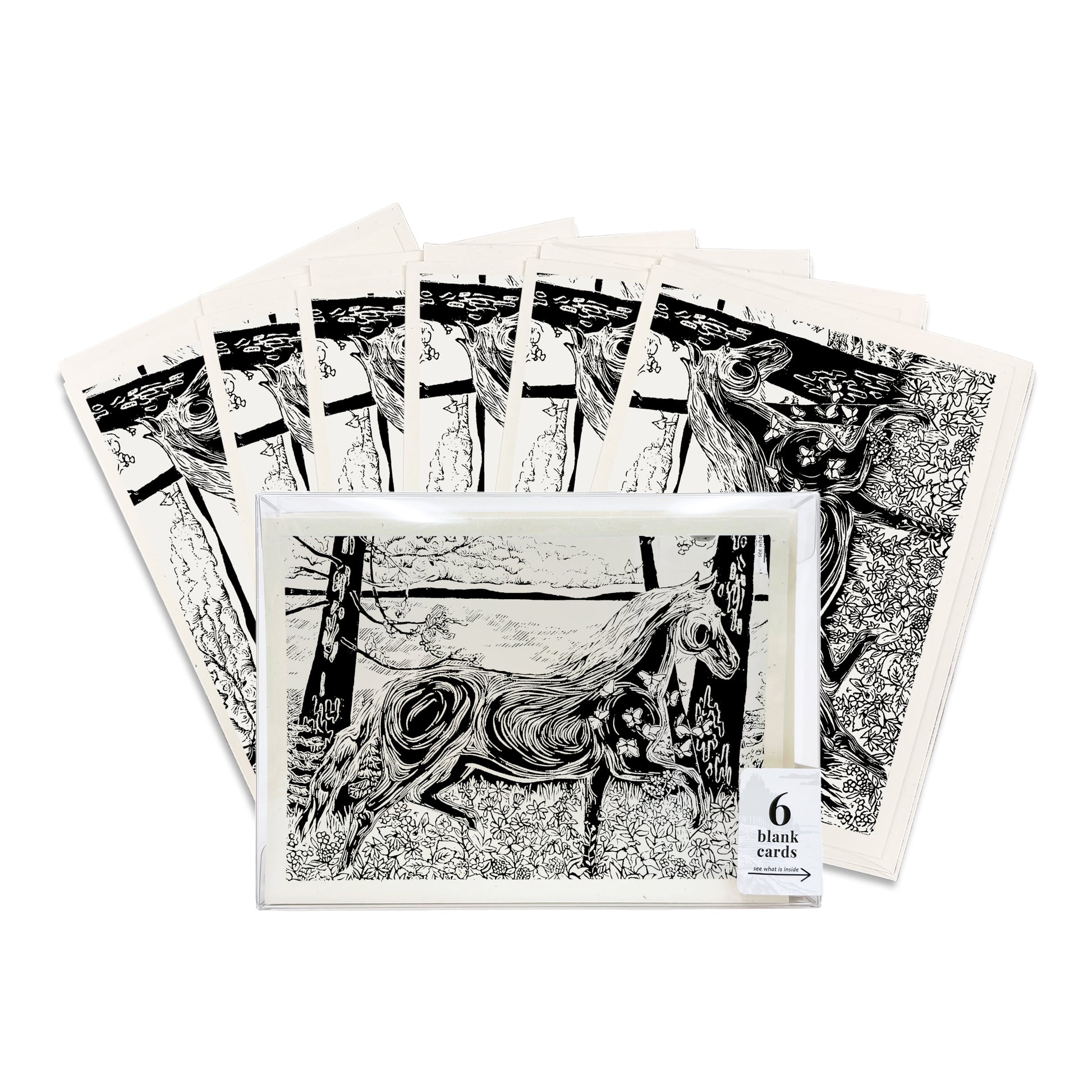 A boxed set of six casually elegant cards featuring horse art by Natalia Wohletz titled Morning Frolic featuring a horse and wildflowers.