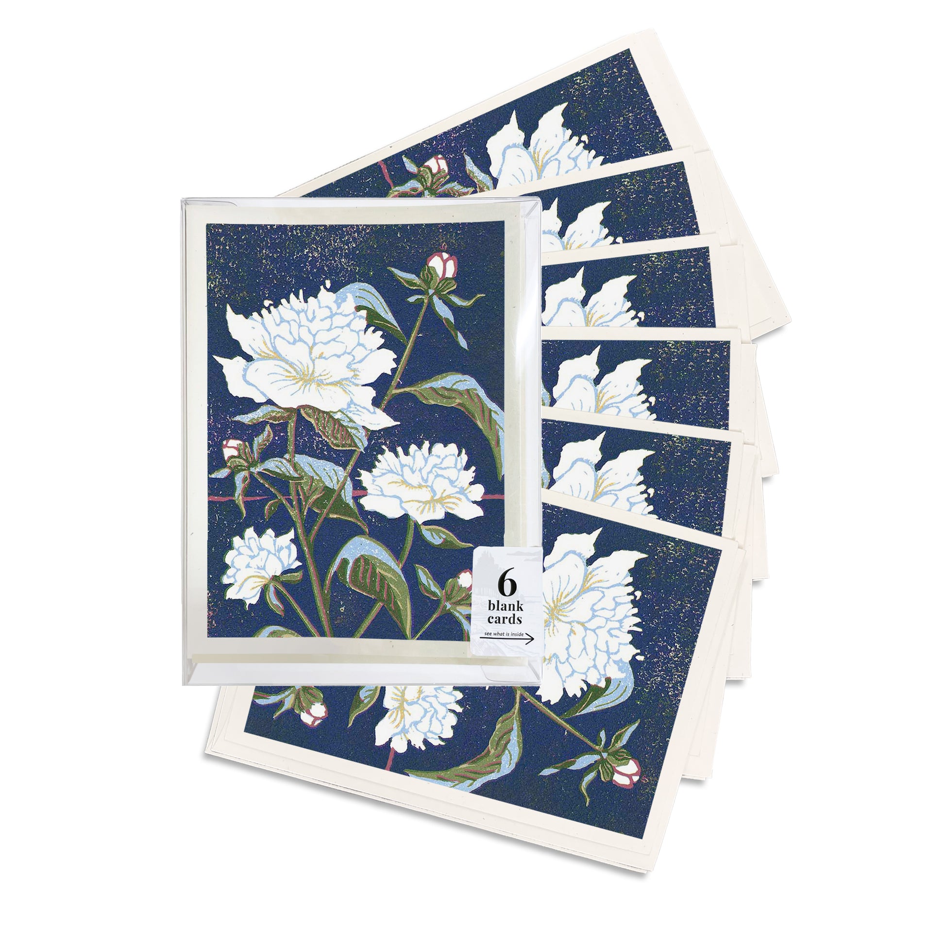 A boxed set of six elegantly casual Peonies greeting cards by Natalia Wohletz of Peninsula Prints.