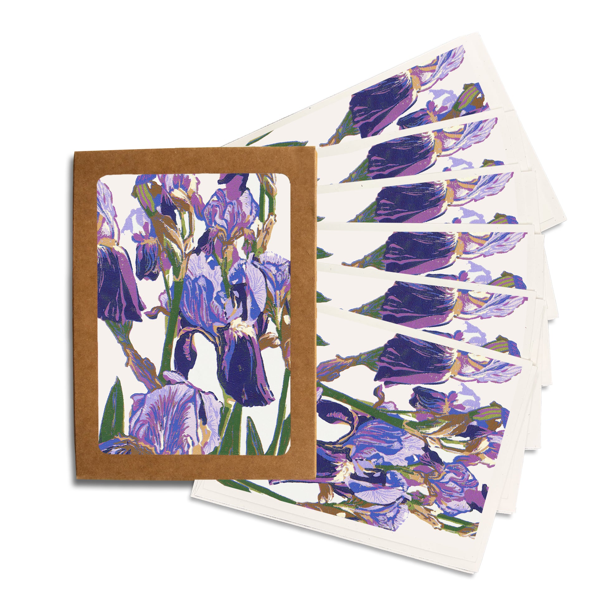 Purple Iris Blank Greeting Card Set of Six.  A casually elegant card featuring a digital reproduction of Natalia Wohletz’s Peninsula Prints block print design.