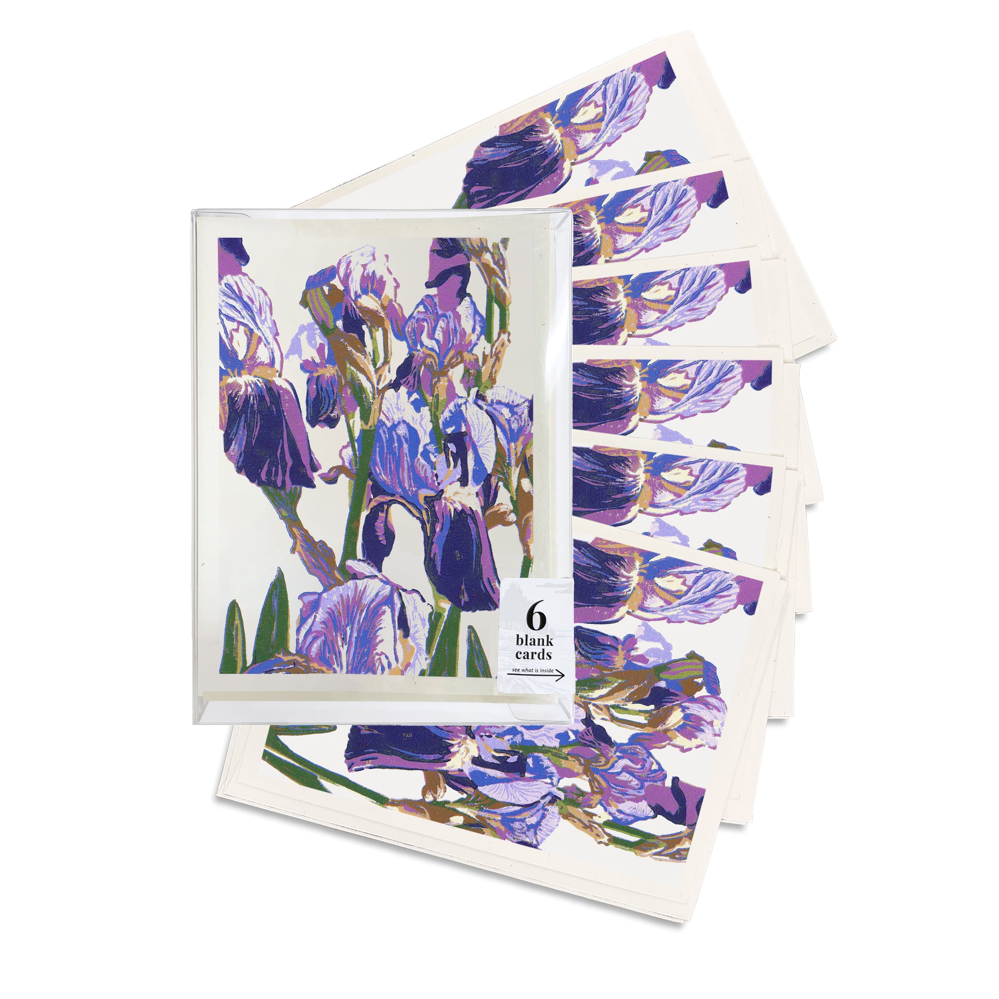 Purple Iris Blank Greeting Card.  A boxed set of six casually elegant cards featuring a digital reproduction of Natalia Wohletz’s Peninsula Prints block print design.