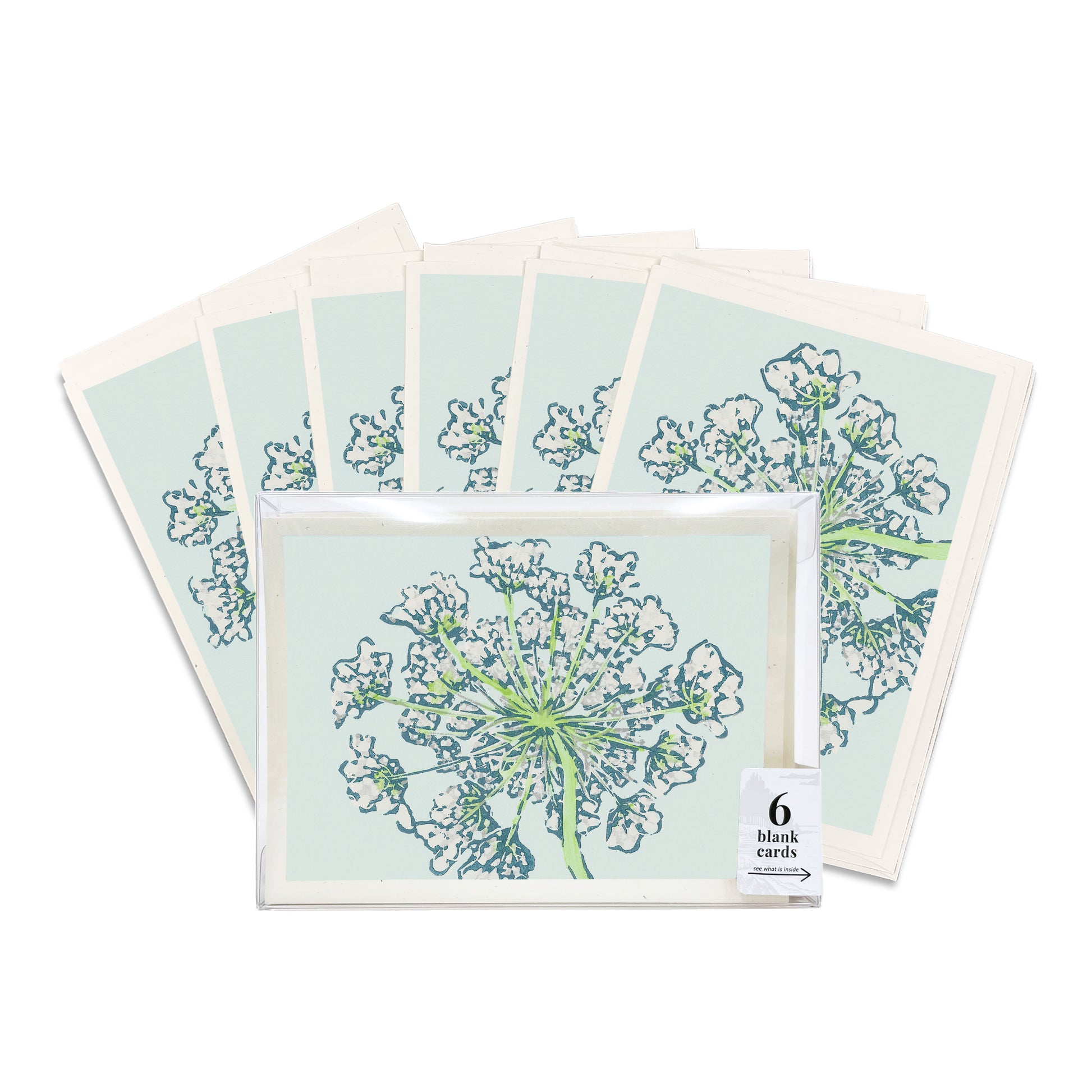 Queen Anne's Lace Blank Greeting Card.  Purple Iris Blank Greeting Card.  A boxed set of six casually elegant cards featuring a digital reproduction of Natalia Wohletz’s Peninsula Prints block print design.