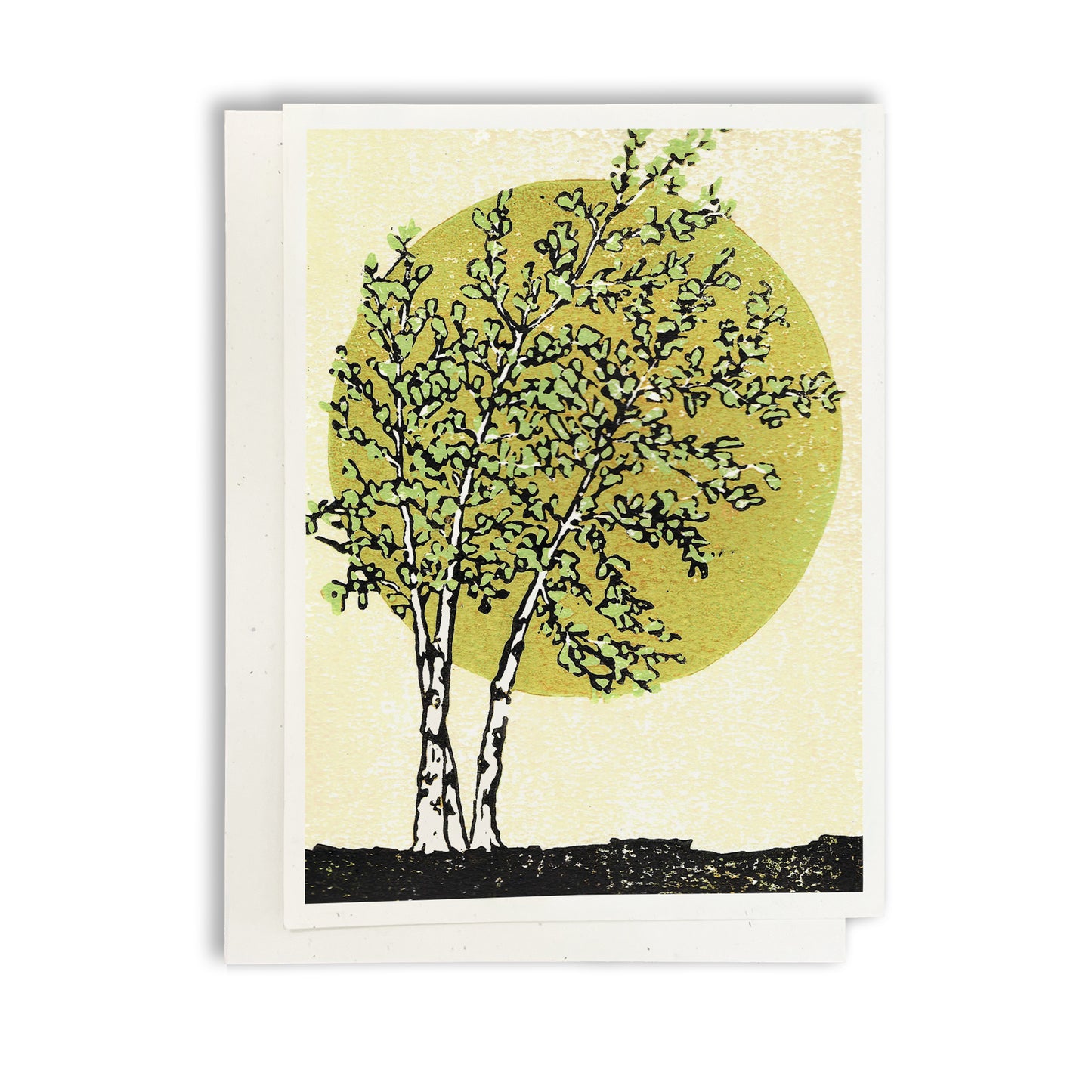 Radiant Birches.  A casually elegant card featuring a digital reproduction of Natalia Wohletz’s Peninsula Prints block print design with the same title.