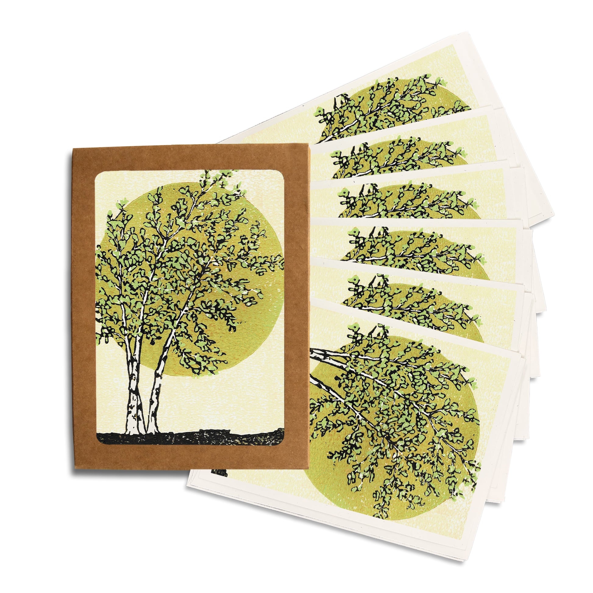 Radiant Birches.  A casually elegant set of cards featuring a digital reproduction of Natalia Wohletz’s Peninsula Prints block print design with the same title.