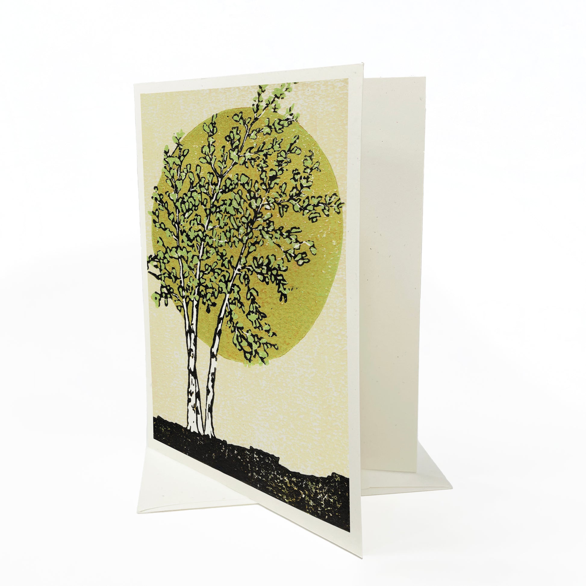 Radiant Birches.  A casually elegant card featuring a digital reproduction of Natalia Wohletz’s Peninsula Prints block print design with the same title.