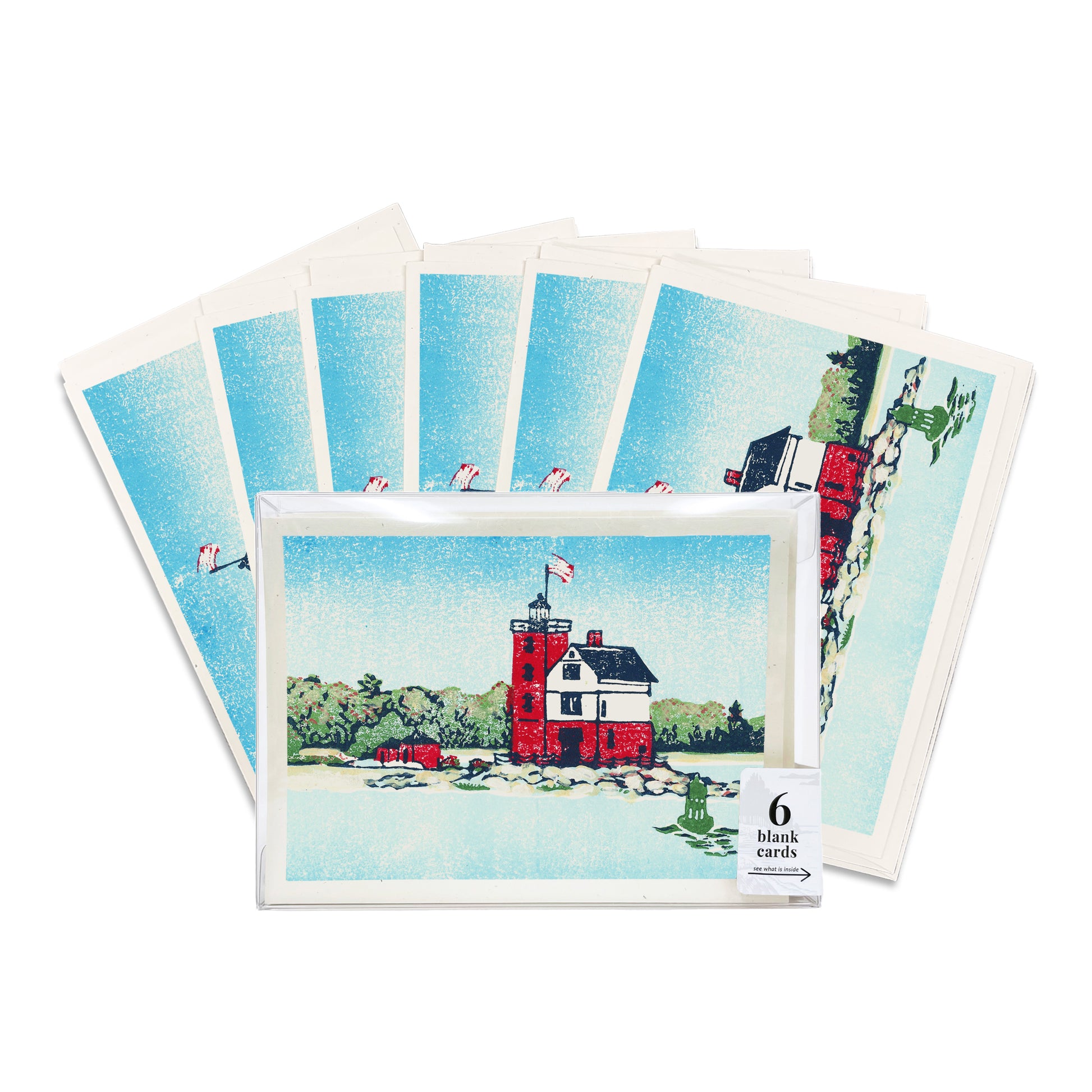 Round Island Light.  A boxed set of six casually elegant cards featuring a digital reproduction of Natalia Wohletz’s Peninsula Prints block print design with the same title.