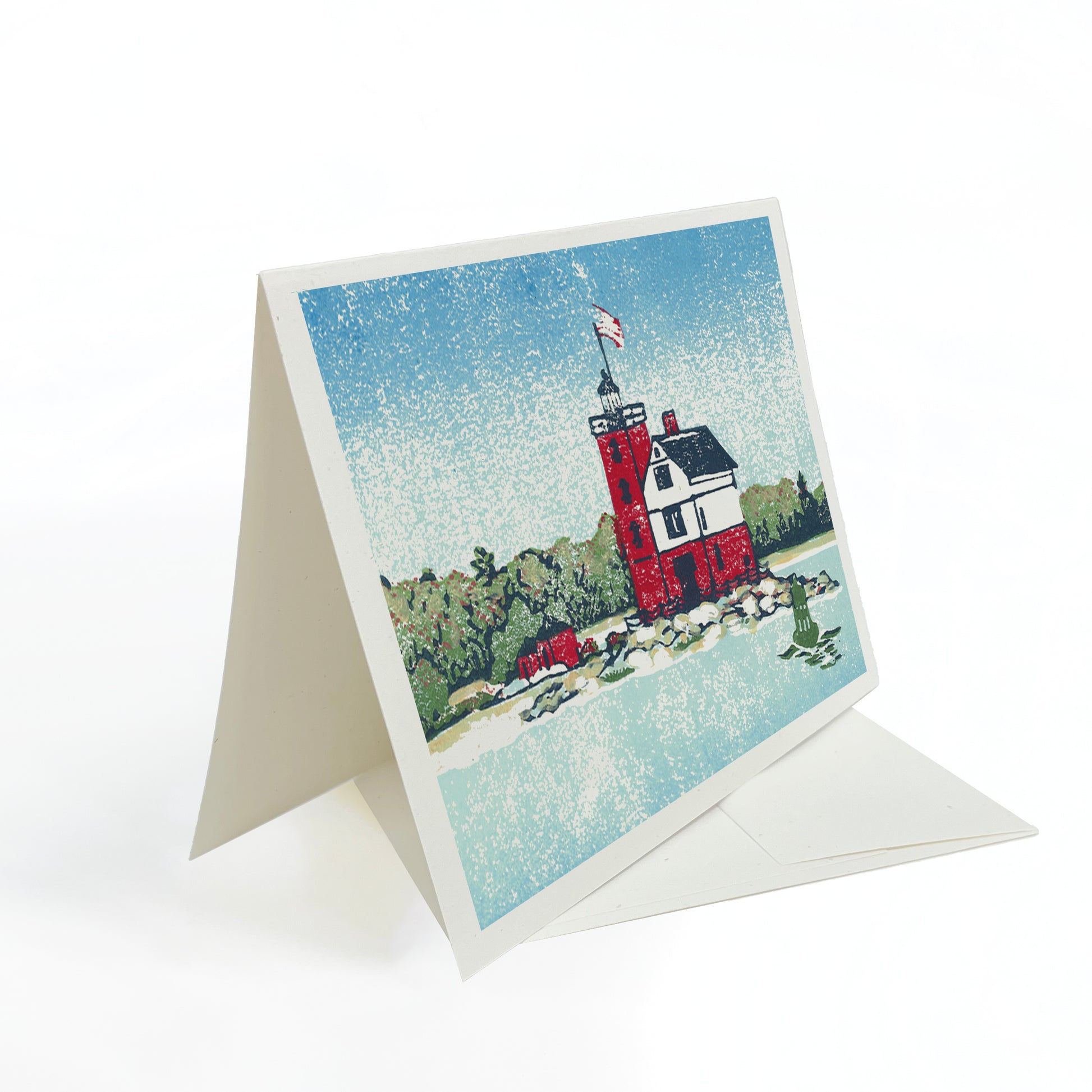 Round Island Light.  A casually elegant card featuring a digital reproduction of Natalia Wohletz’s Peninsula Prints block print design with the same title.