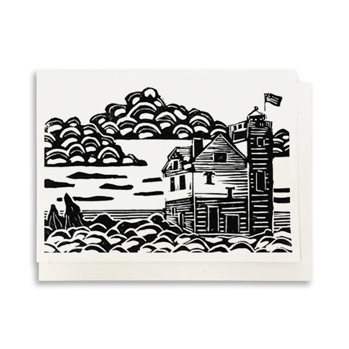 Round Island Lighthouse.  A casually elegant card featuring a digital reproduction of a block print design with the same title by Natalia Wohletz of Peninsula Prints, Milford and Mackinac Island, Michigan.