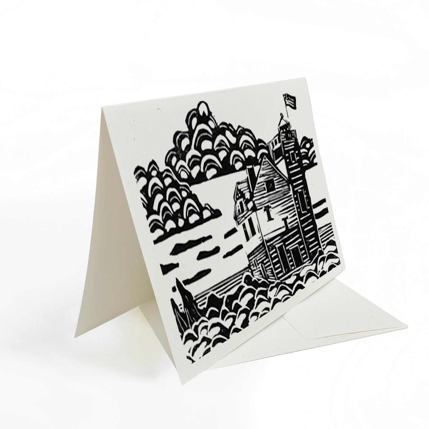 Round Island Lighthouse.  A casually elegant card featuring a digital reproduction of a block print design with the same title by Natalia Wohletz of Peninsula Prints, Milford and Mackinac Island, Michigan.