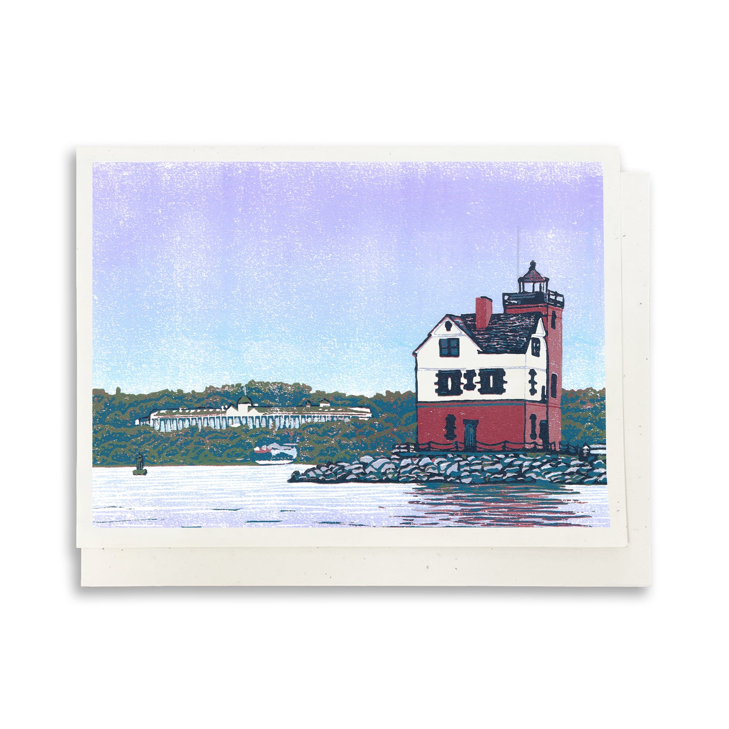 Rounding the Island greeting card featuring Grand Hotel and Round Island Lighthouse by Natalia Wohletz of Peninsula Prints.