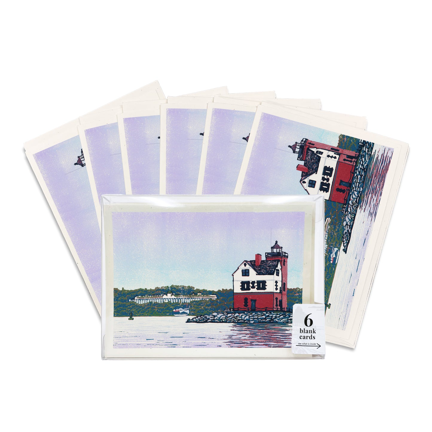 Boxed set of 6 "Rounding the Island" greeting cards featuring Grand Hotel and Round Island Lighthouse by Natalia Wohletz of Peninsula Prints.