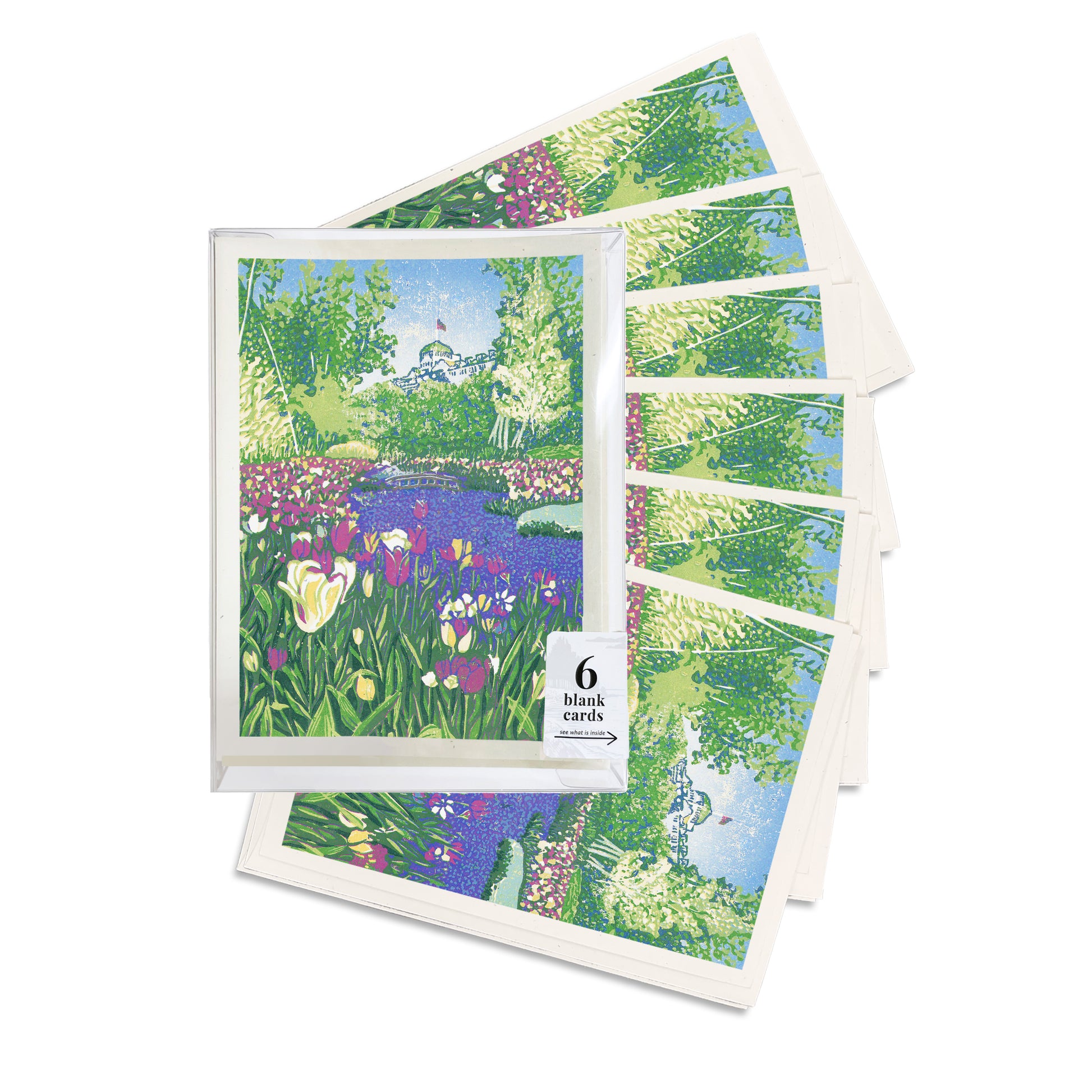 A boxed set of six casually elegant  greeting cards featuring a digital reproduction of The Secret Garden River block print by Natalia Wohletz of Peninsula Prints.  A Grand Hotel, Mackinac Island card.