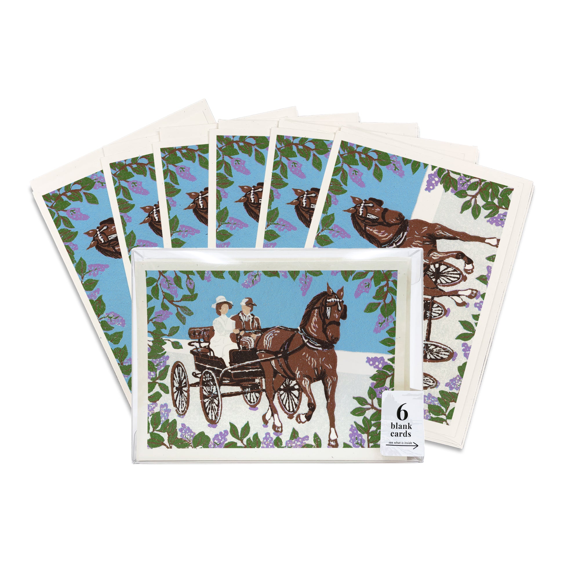 Set of six blank greeting cards featuring the block print "Somewhere in Time Carriage Ride"  by Natalia Wohletz of Peninsula Prints.