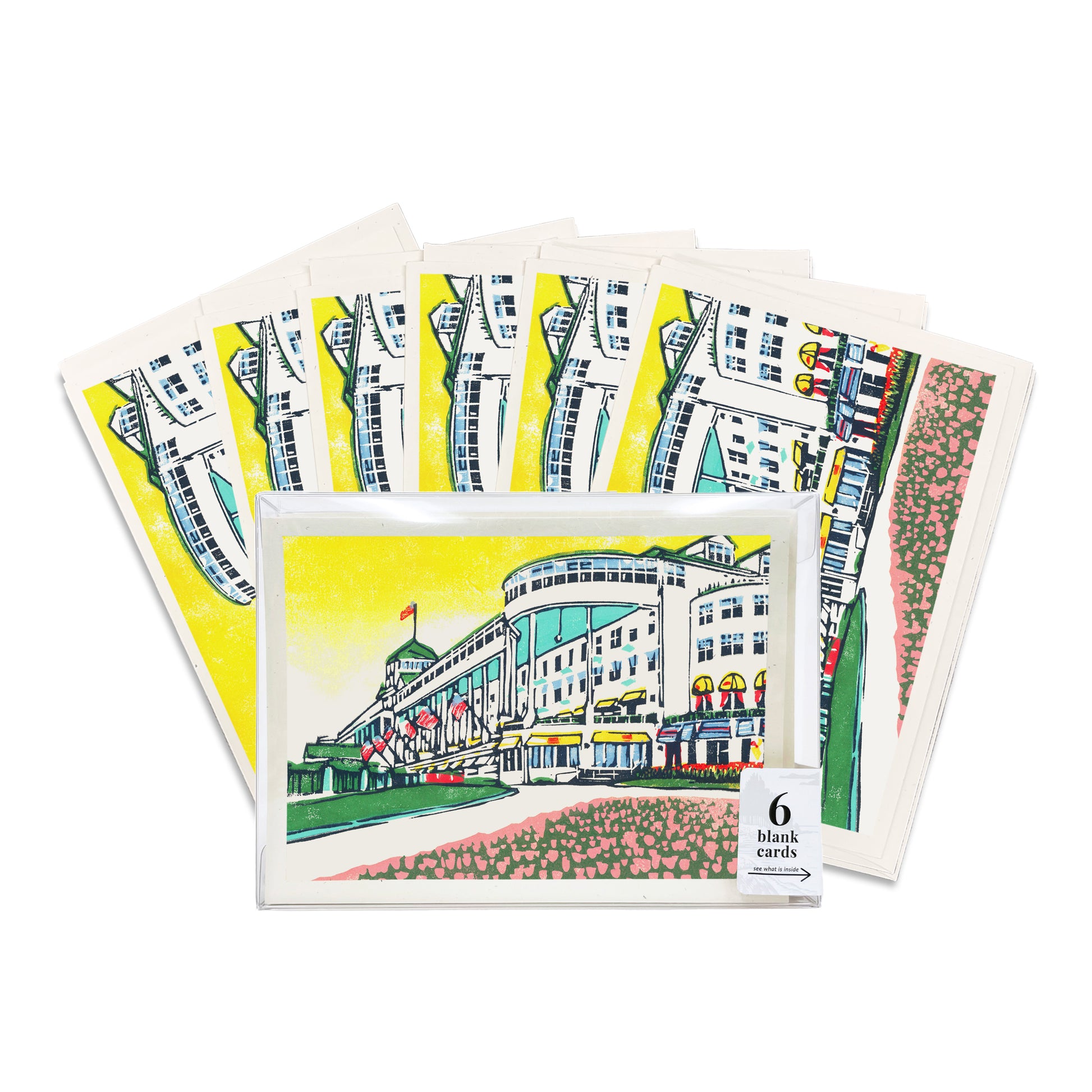 A boxed set of six casually elegant cards featuring Mackinac Island art by Natalia Wohletz of Peninsula Prints titled The Grand Hotel.