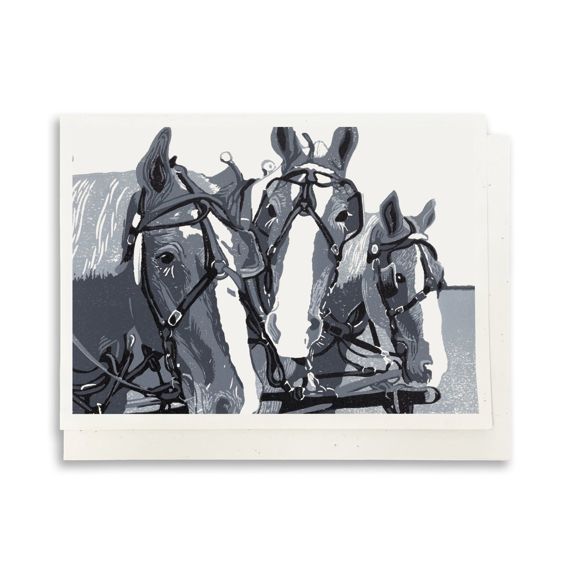 Three Horse Team greeting card by Natalia Wohletz of Peninsula Prints, Mackinac Island.