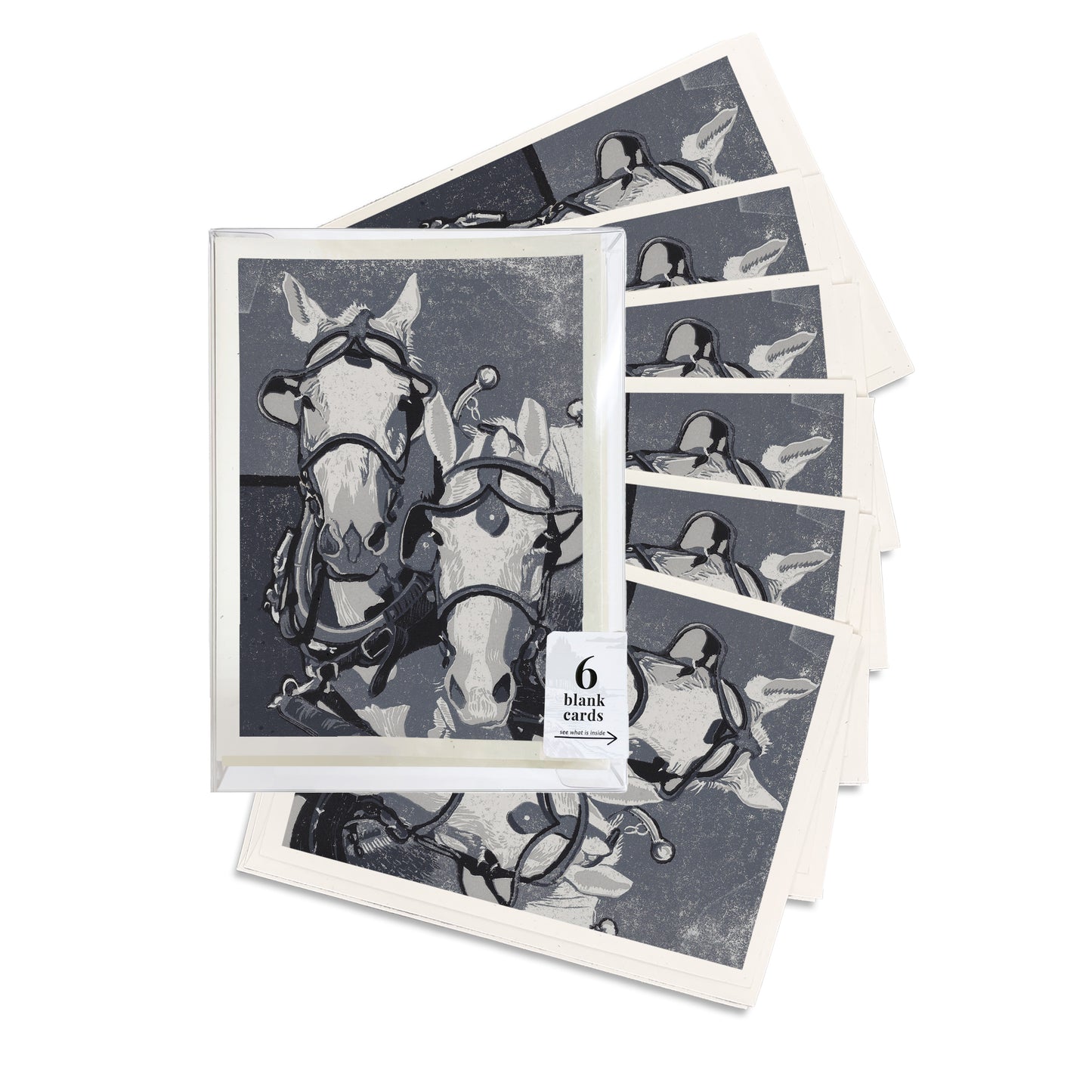 A boxed set of six casually elegant cards featuring Mackinac Island horses art by Natalia Wohletz of Peninsula Prints titled Two Horse Team.
