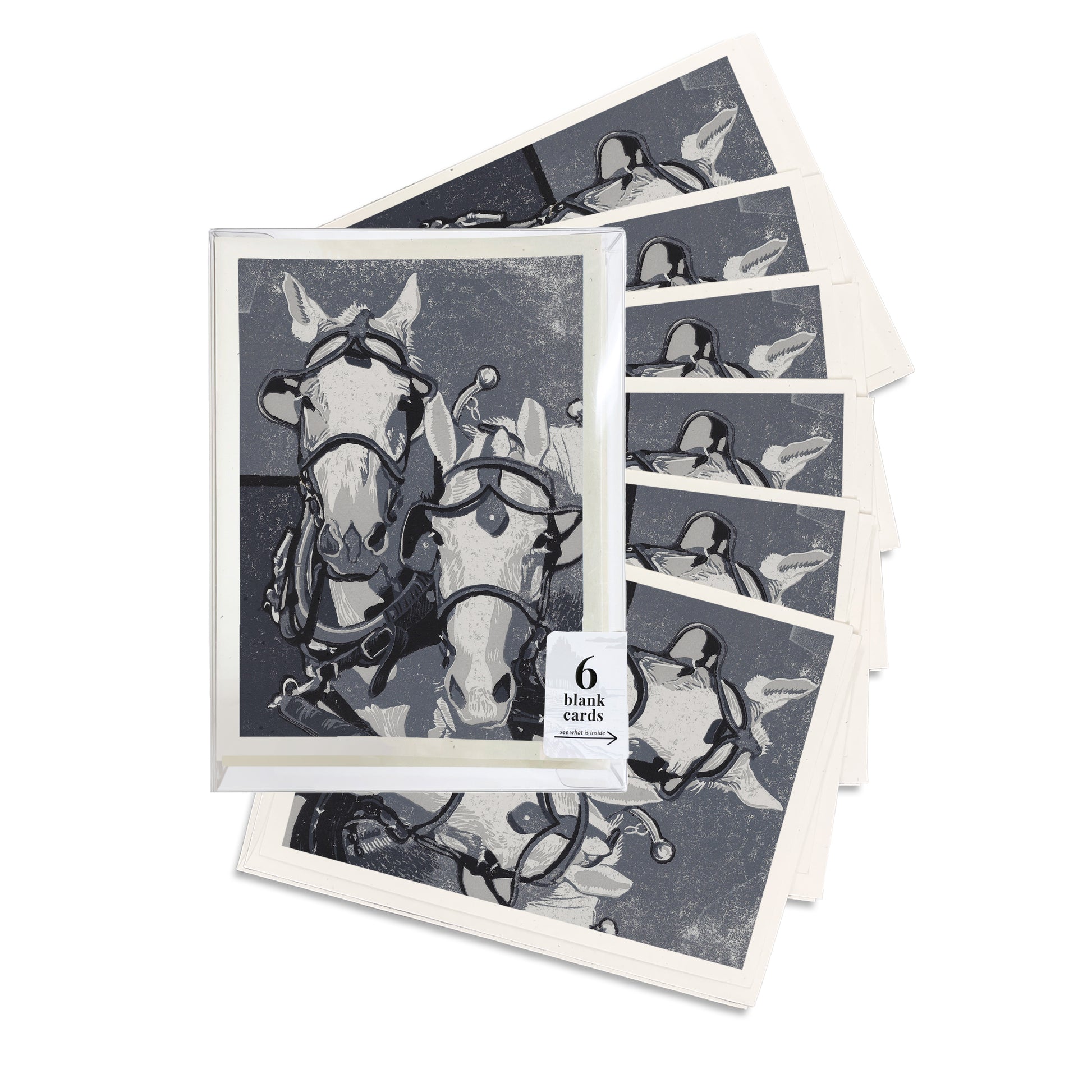 A boxed set of six casually elegant cards featuring Mackinac Island horses art by Natalia Wohletz of Peninsula Prints titled Two Horse Team.