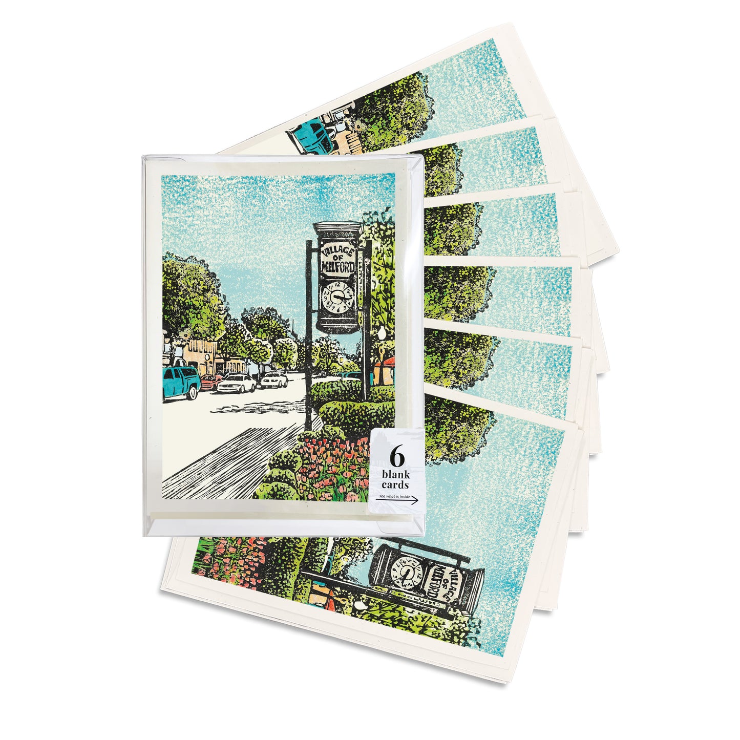 A boxed set of six casually elegant cards featuring Milford, Michigan, art by Natalia Wohletz titled Village of Milford.