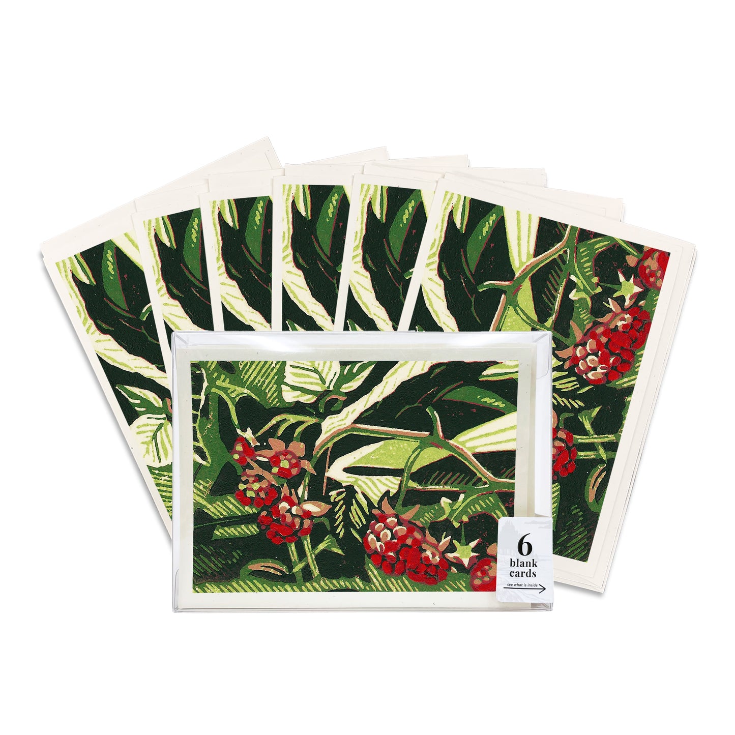 A boxed set of six casually elegant cards featuring foraging art by Natalia Wohletz of Peninsula Prints titled Wild Raspberries.