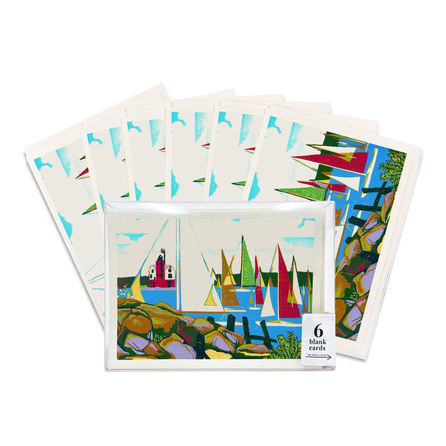 A boxed set of six Yacht Race Greeting Cards by Natalia Wohletz of Peninsula Prints, Mackinac Island.