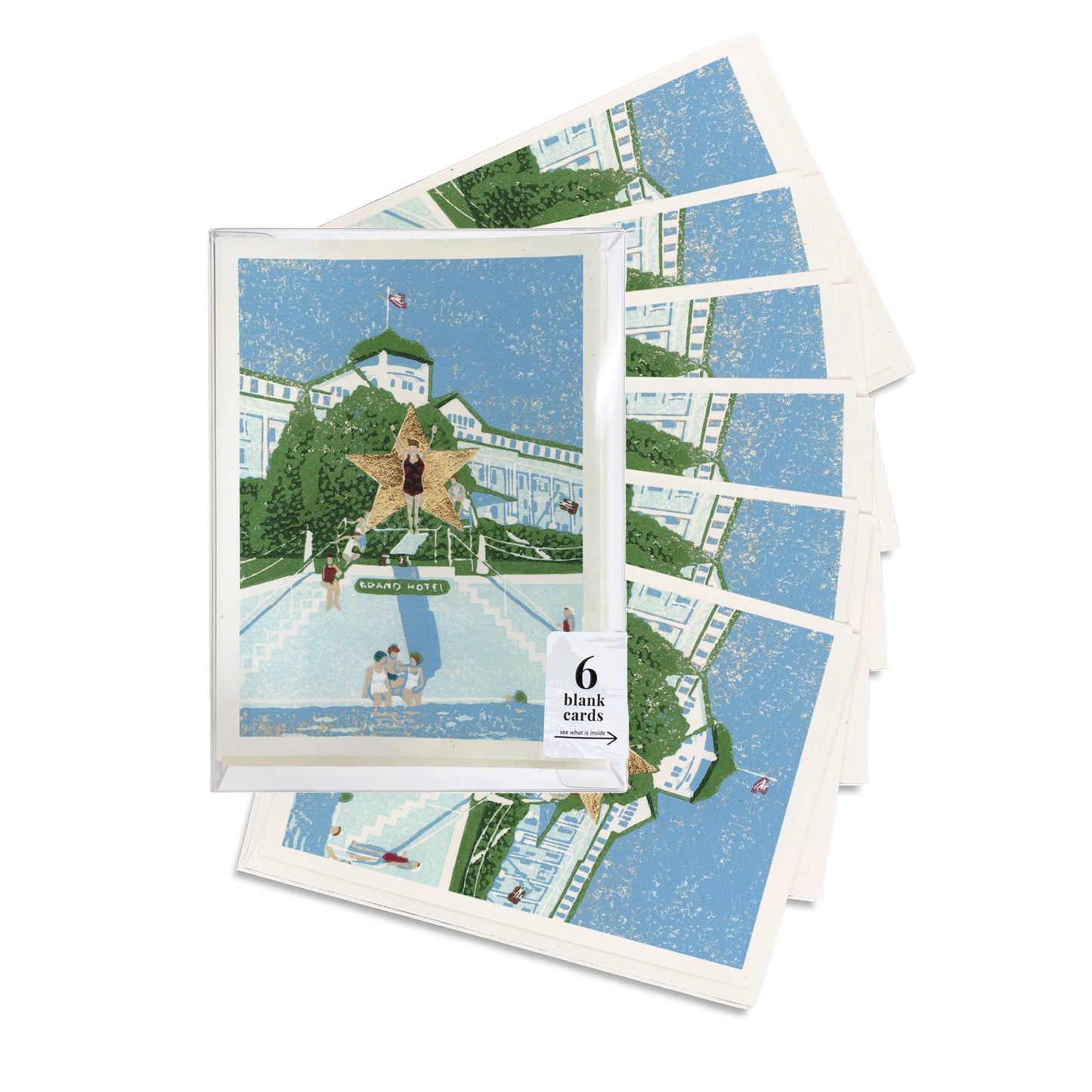 Set of six blank greeting cards featuring the block print "Esther Williams, the Water Ballerina"  by Natalia Wohletz of Peninsula Prints.